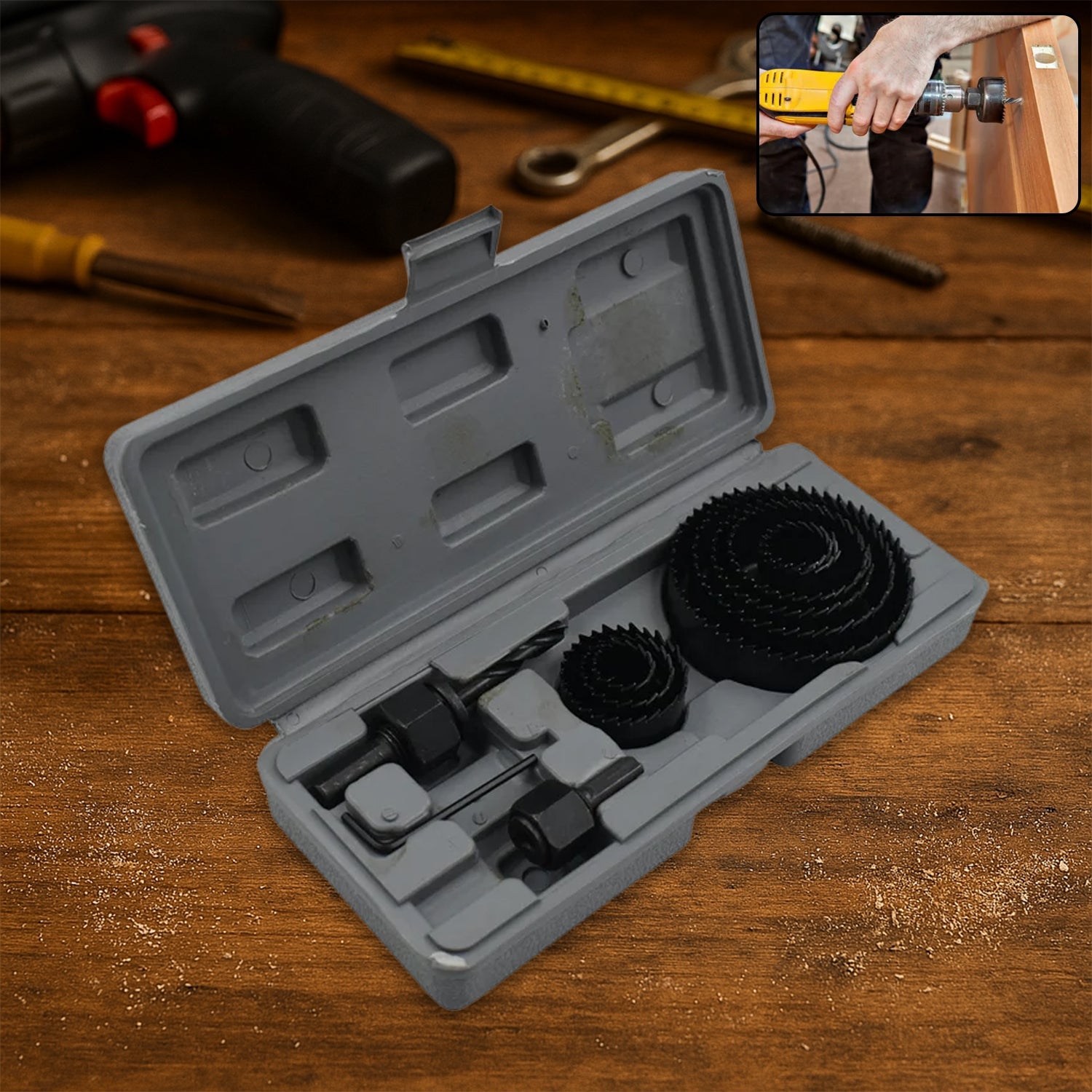 BoltForce 12-piece hole saw kit laid out, showcasing carbon steel bits and accessories.