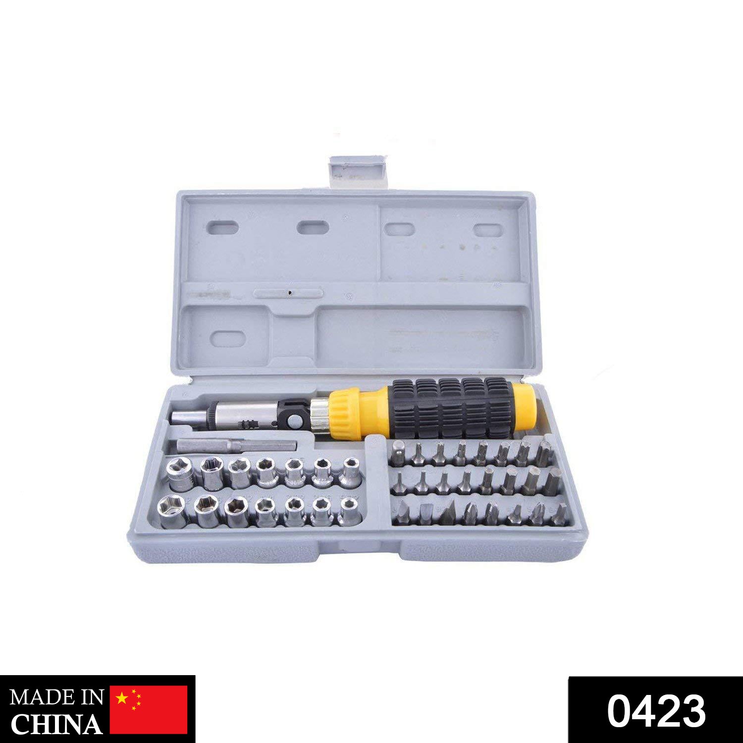 A comprehensive 41-piece socket and screwdriver tool kit laid out on a workbench, ready for use.
