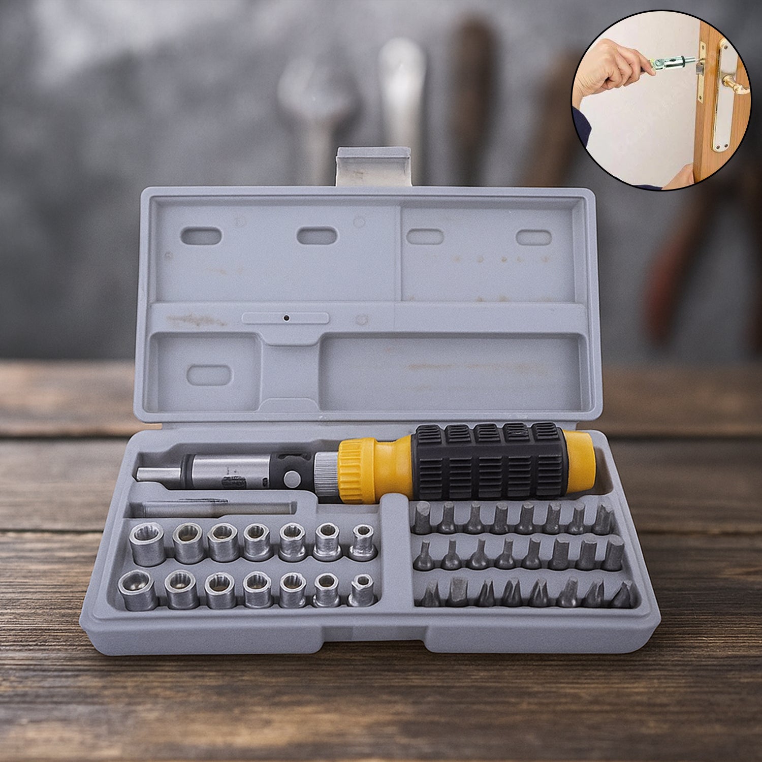 The 41-piece socket and screwdriver tool kit neatly organized in its durable plastic carry case.