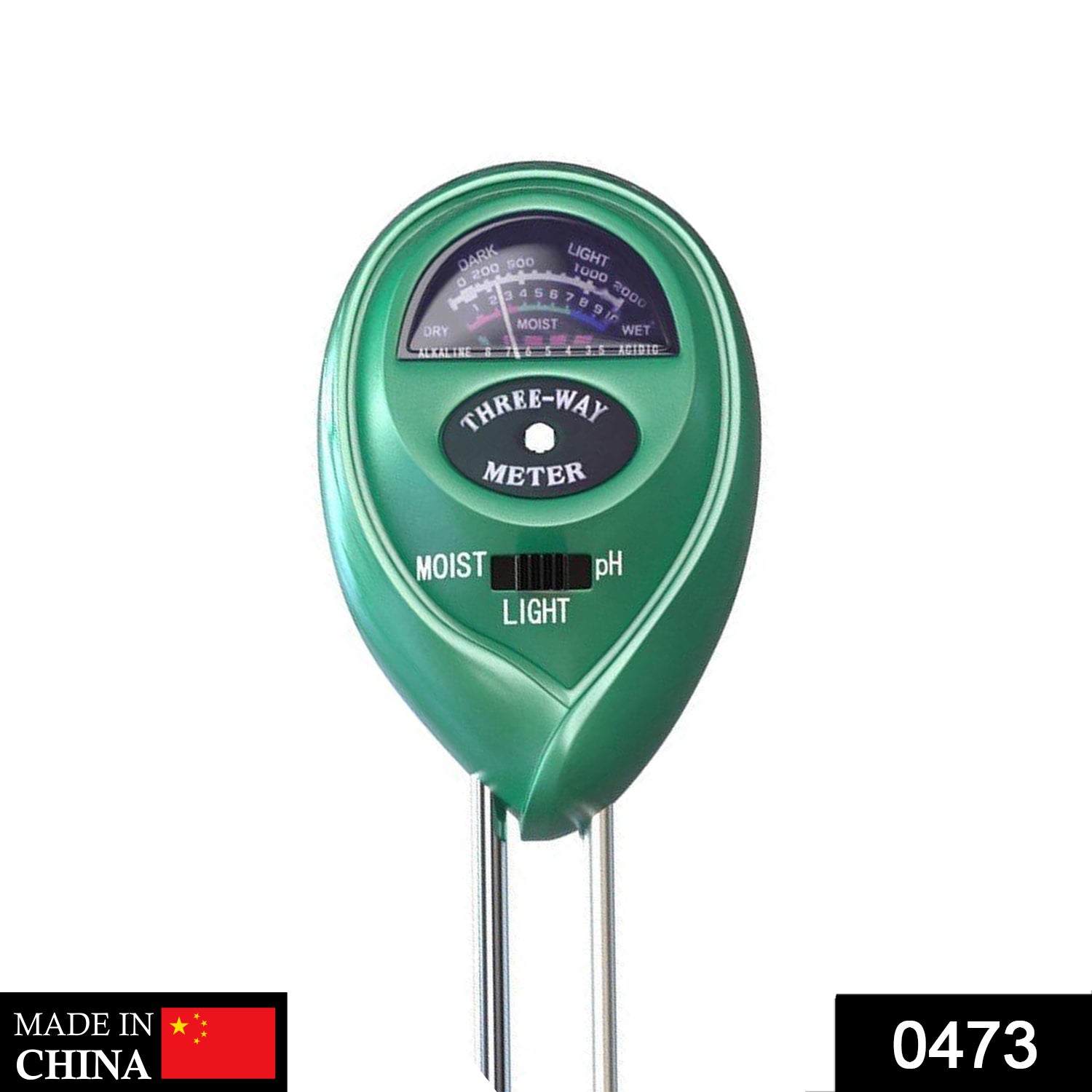 Close-up of green plant moisture sensor displaying pH, light, and moisture levels.