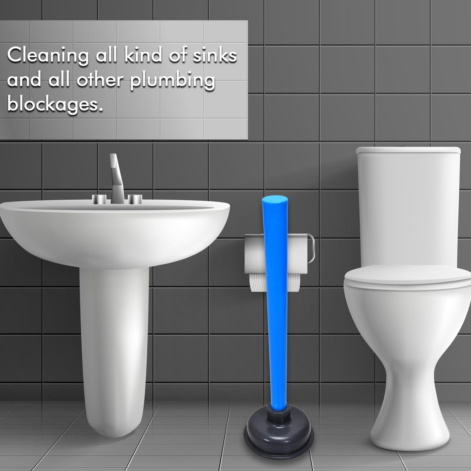 Ergonomic toilet plunger for powerful clog removal.