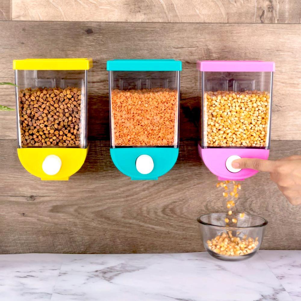 Three wall-mounted dry food dispensers in assorted colors, demonstrating efficient kitchen storage.