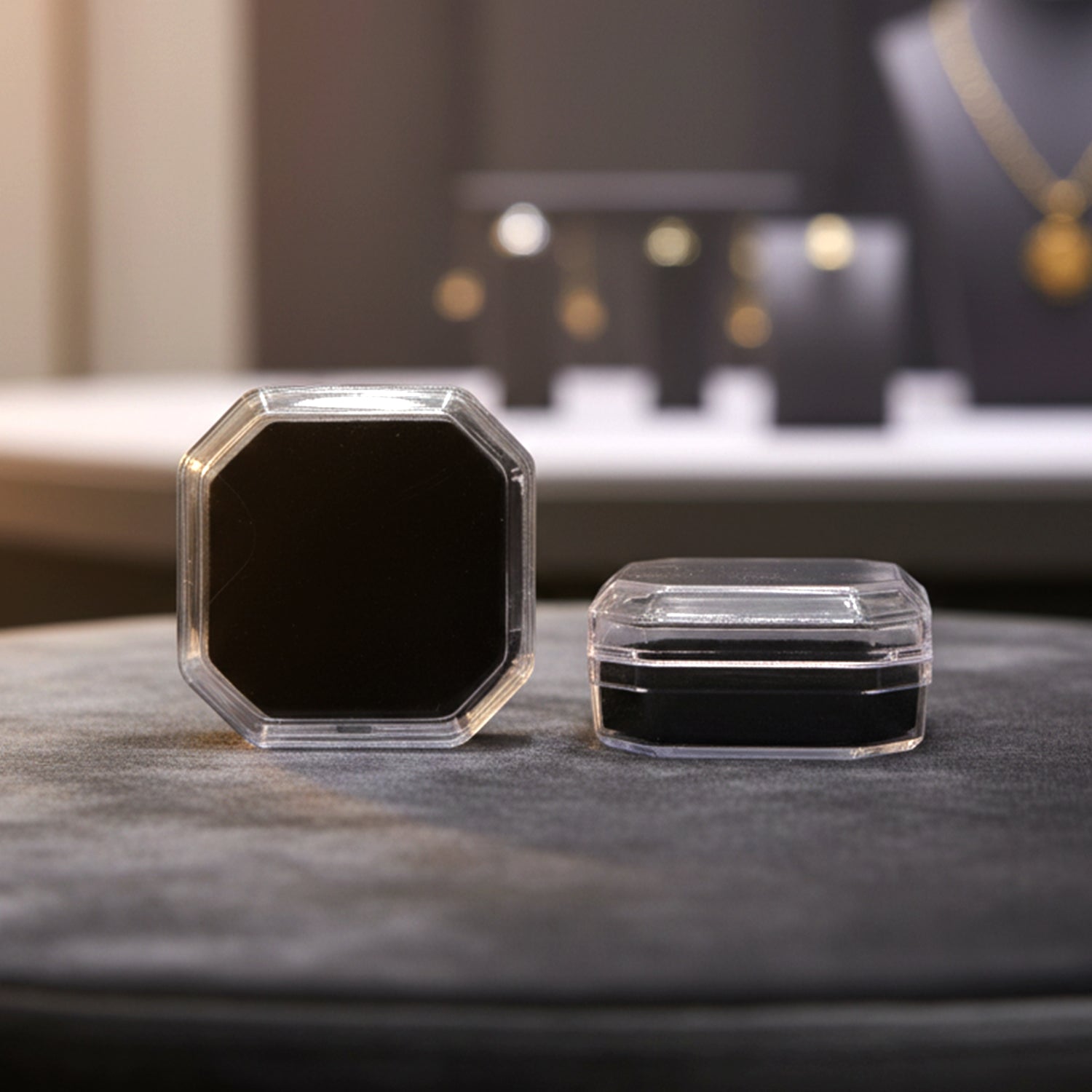 Top view showcasing soft cushioned bases inside octagon jewellery storage boxes