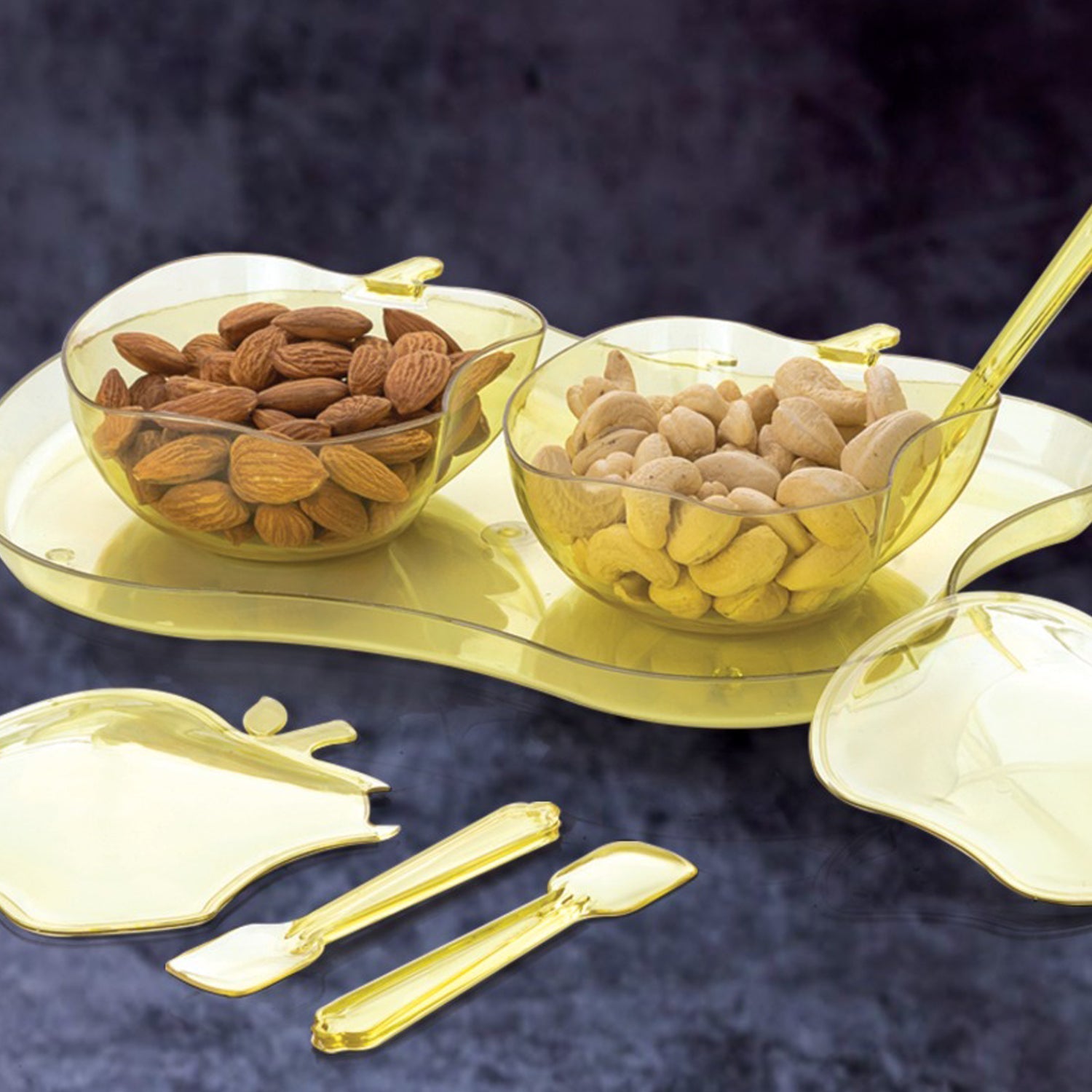 Top view of the apple-shaped serving set, ideal for serving Indian snacks.