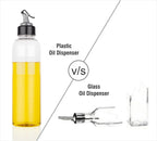 Clear 1 litre oil dispenser on a kitchen counter, ready for use.