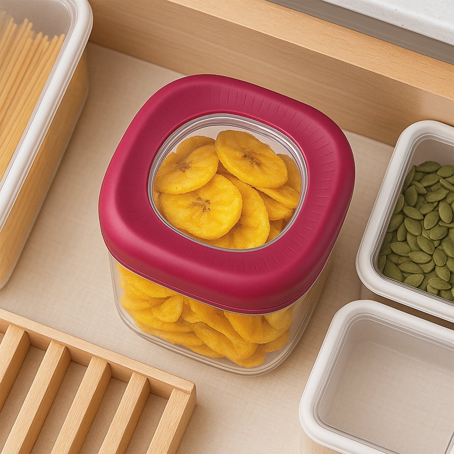 Clear kitchen storage containers showcasing transparent bodies and twist-lock lids