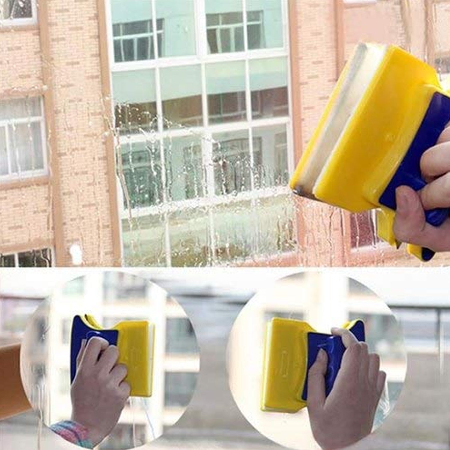 Front view of the magnetic window cleaner, showing its ergonomic handle and replaceable cleaning pads.