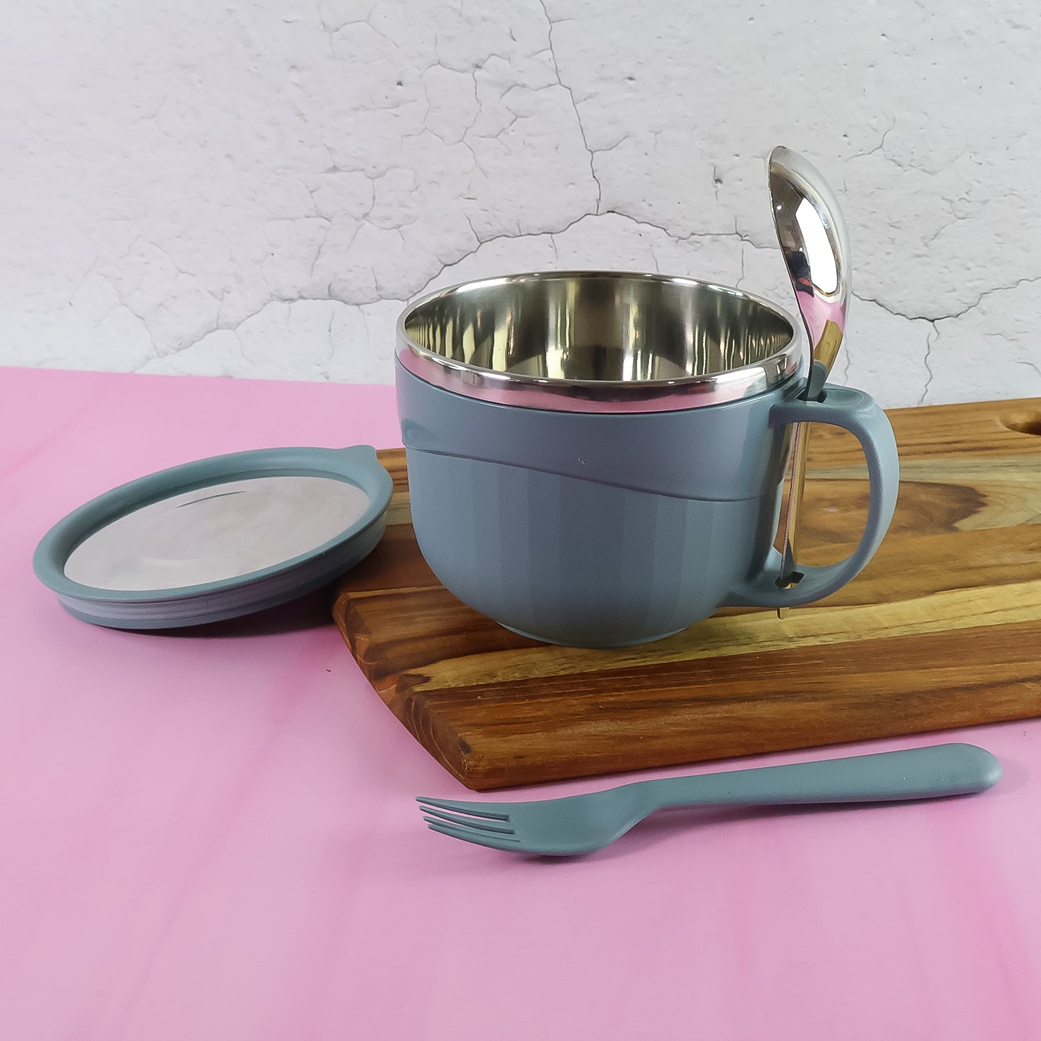 Ramen served in insulated stainless steel and BPA-free plastic soup bowl