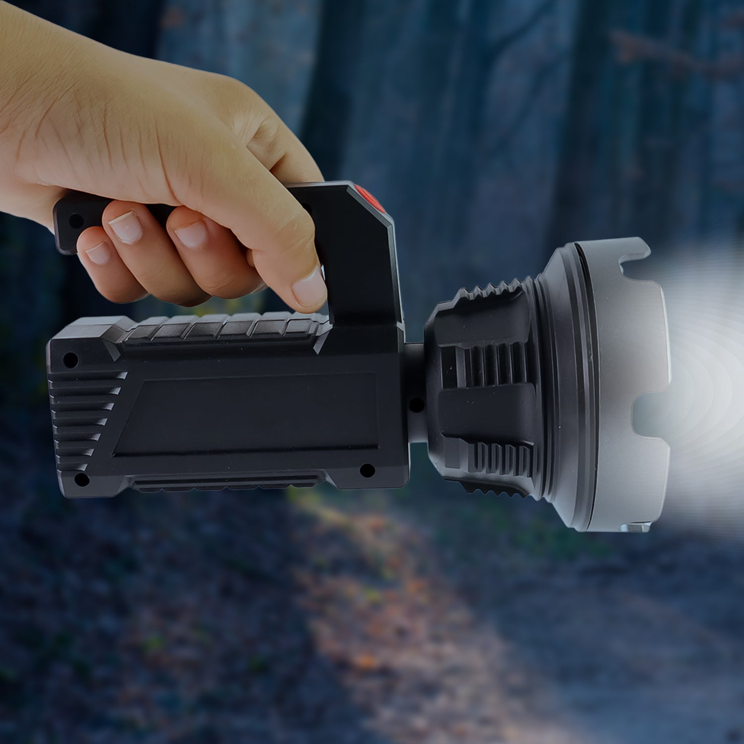 Rechargeable handheld LED torch with COB side floodlight providing broad area light