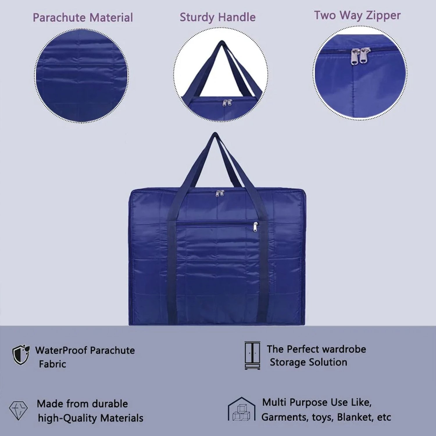 Blanket organizer storage bag featuring reinforced carrying handles
