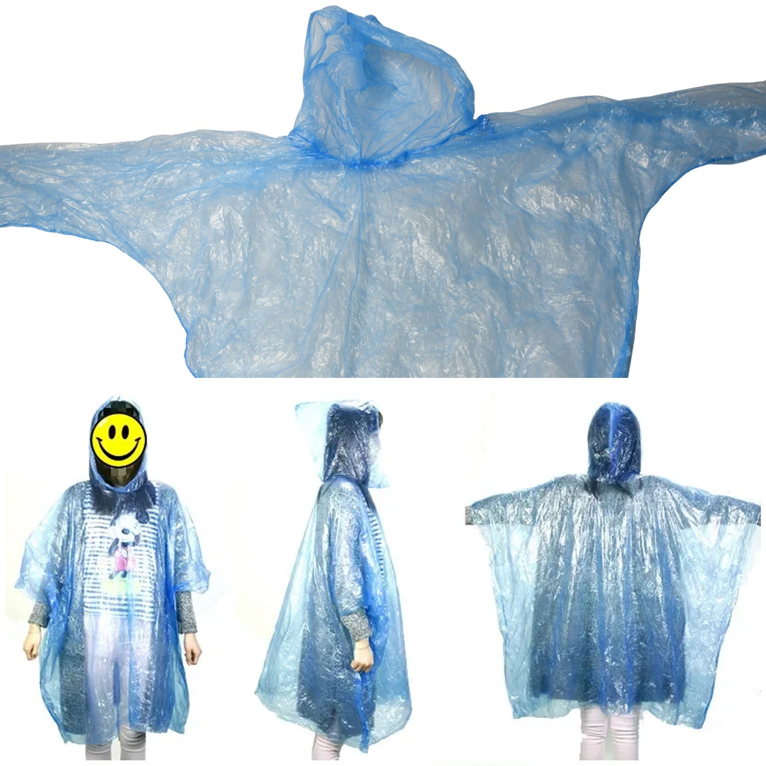 Opened disposable kids raincoat displayed alongside its portable storage case