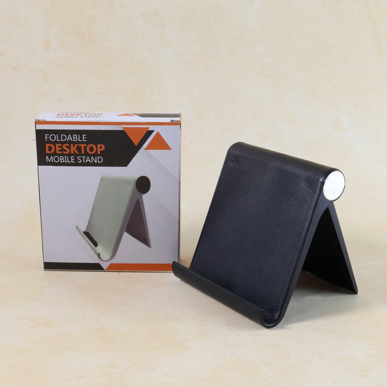 Compact plastic foldable phone stand used for video calls on desk
