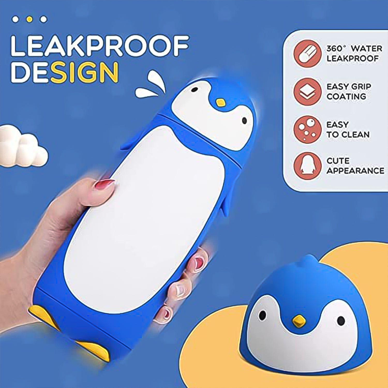 Cute penguin travel mug displaying its charming cartoon penguin shape
