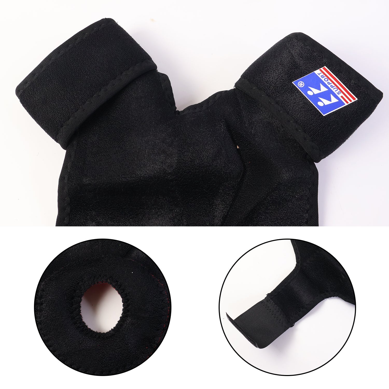 Close-up of elastic knee support strap with adjustable velcro closure