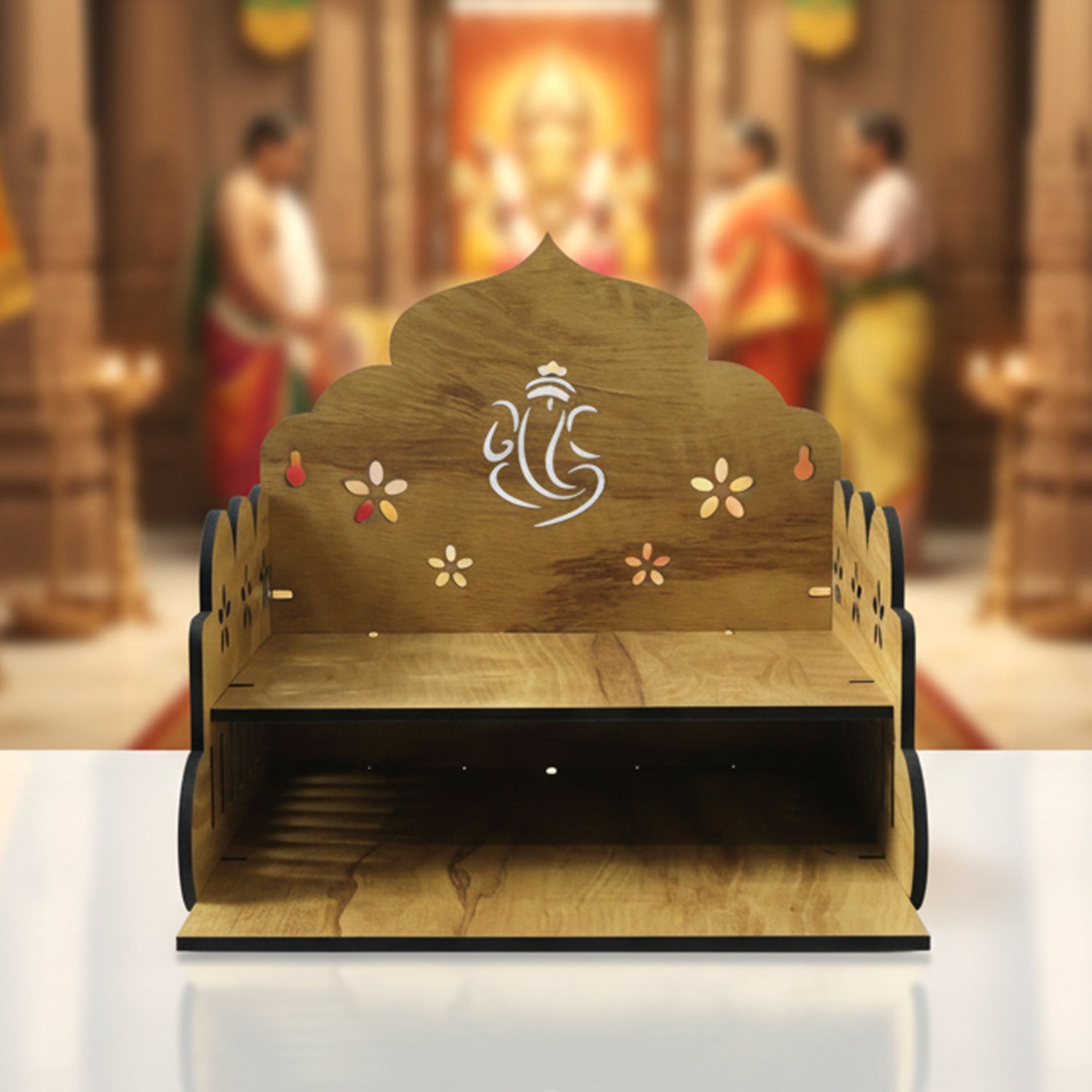 Desktop wooden mandir with intricate cutwork design and Lord Ganesha artwork