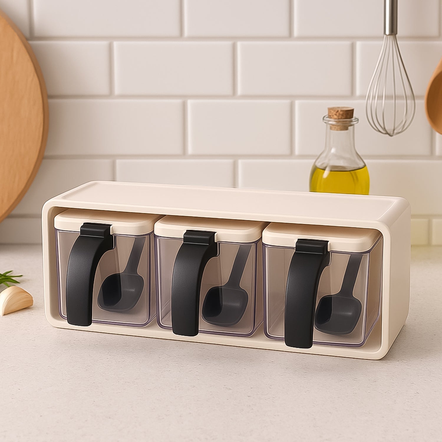 Stackable modular spice storage containers neatly arranged on kitchen countertop
