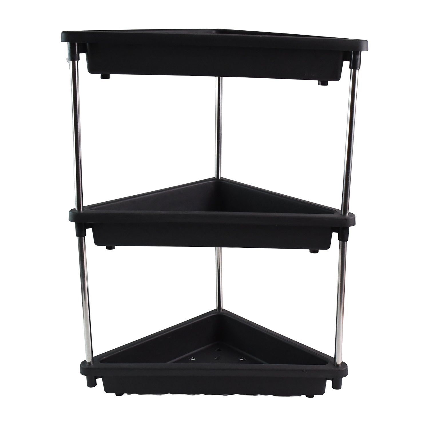 Side view of plastic corner storage rack with 3-layer shelves