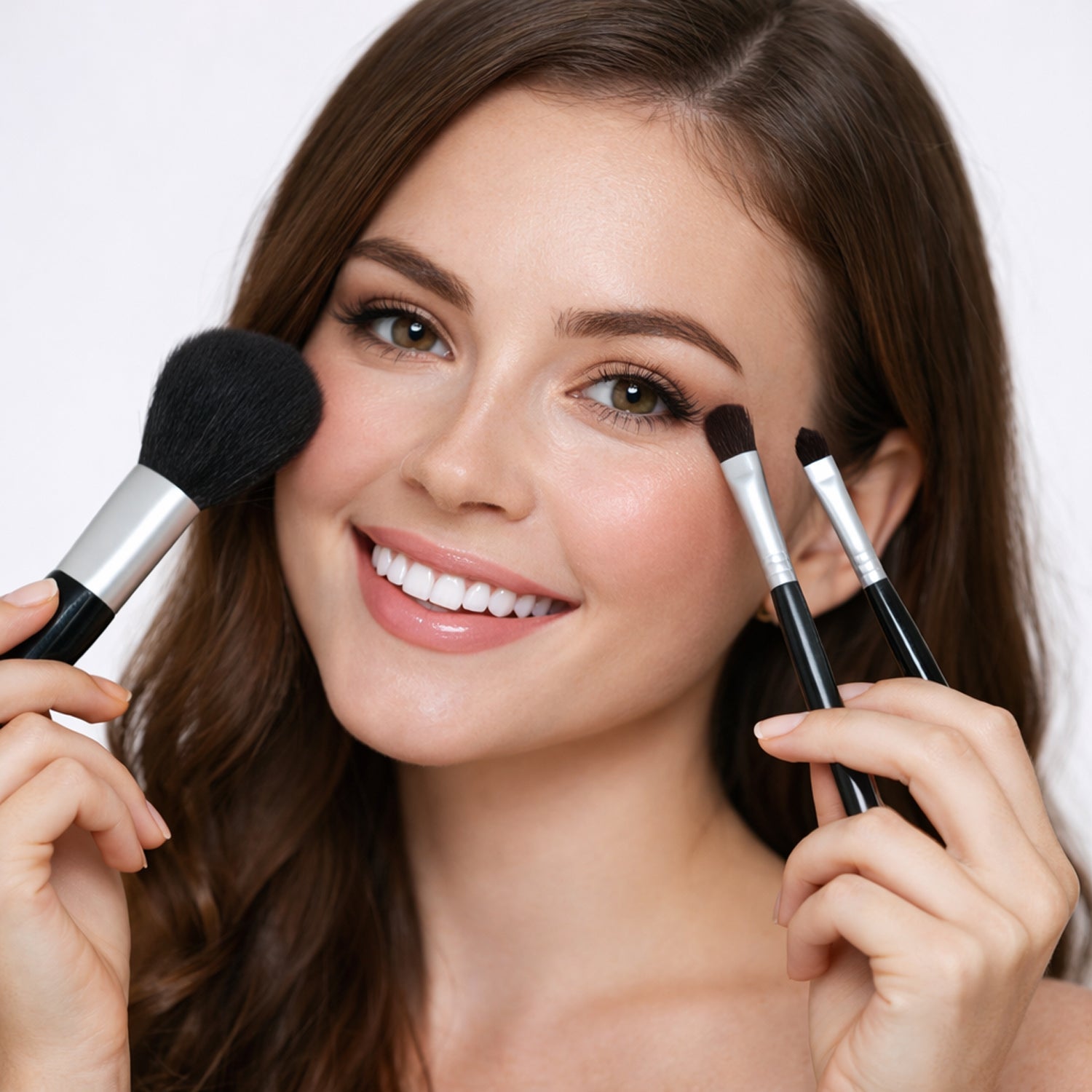 Compact 4 in 1 beauty brush set for face and eye makeup application