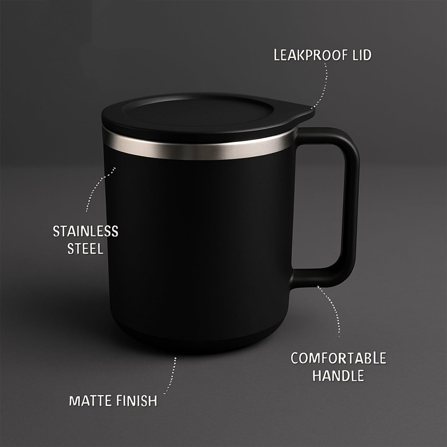 Close-up of the black insulated coffee mug, highlighting its sleek matte finish.