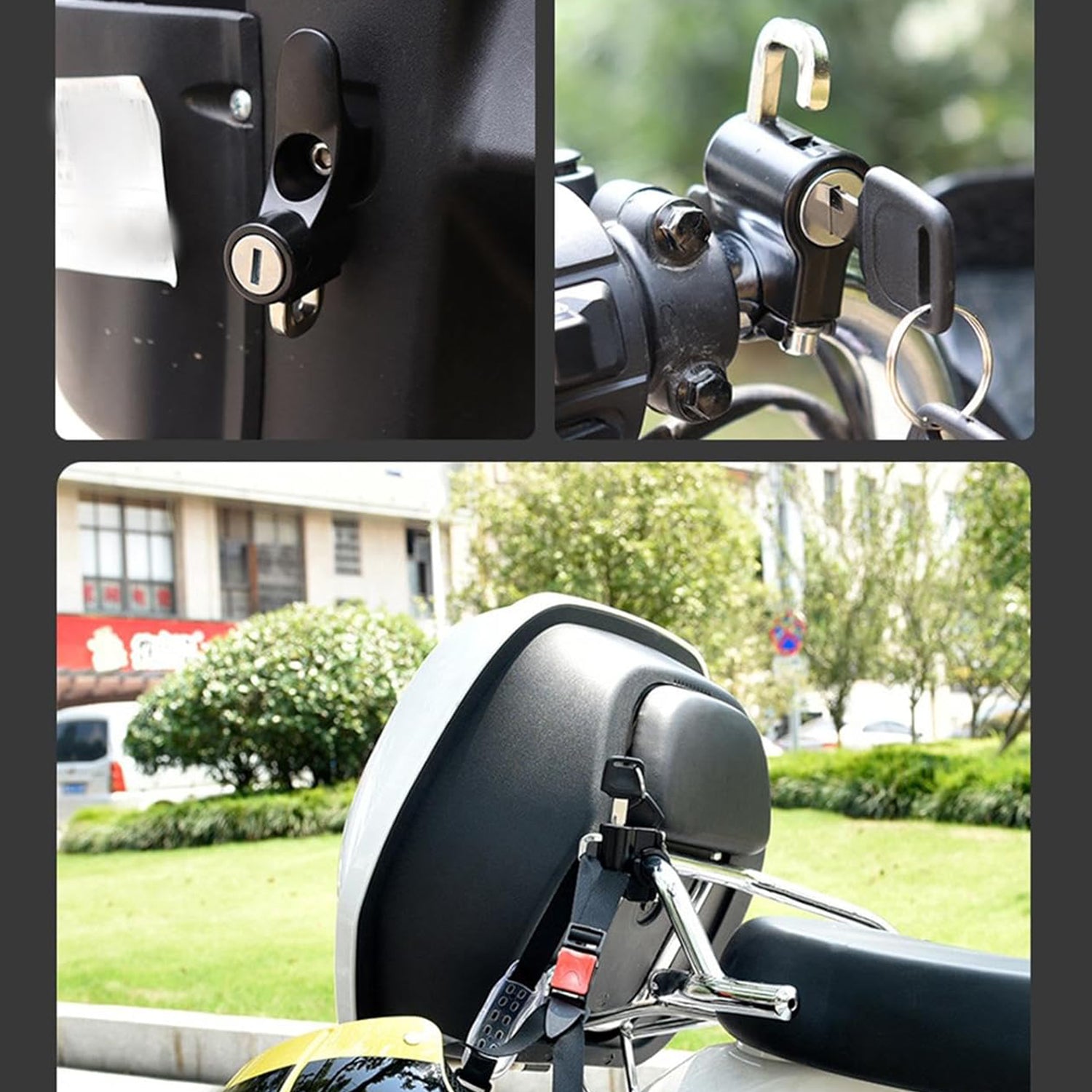 Heavy-duty metal helmet lock mounted on motorcycle handlebar for secure safety