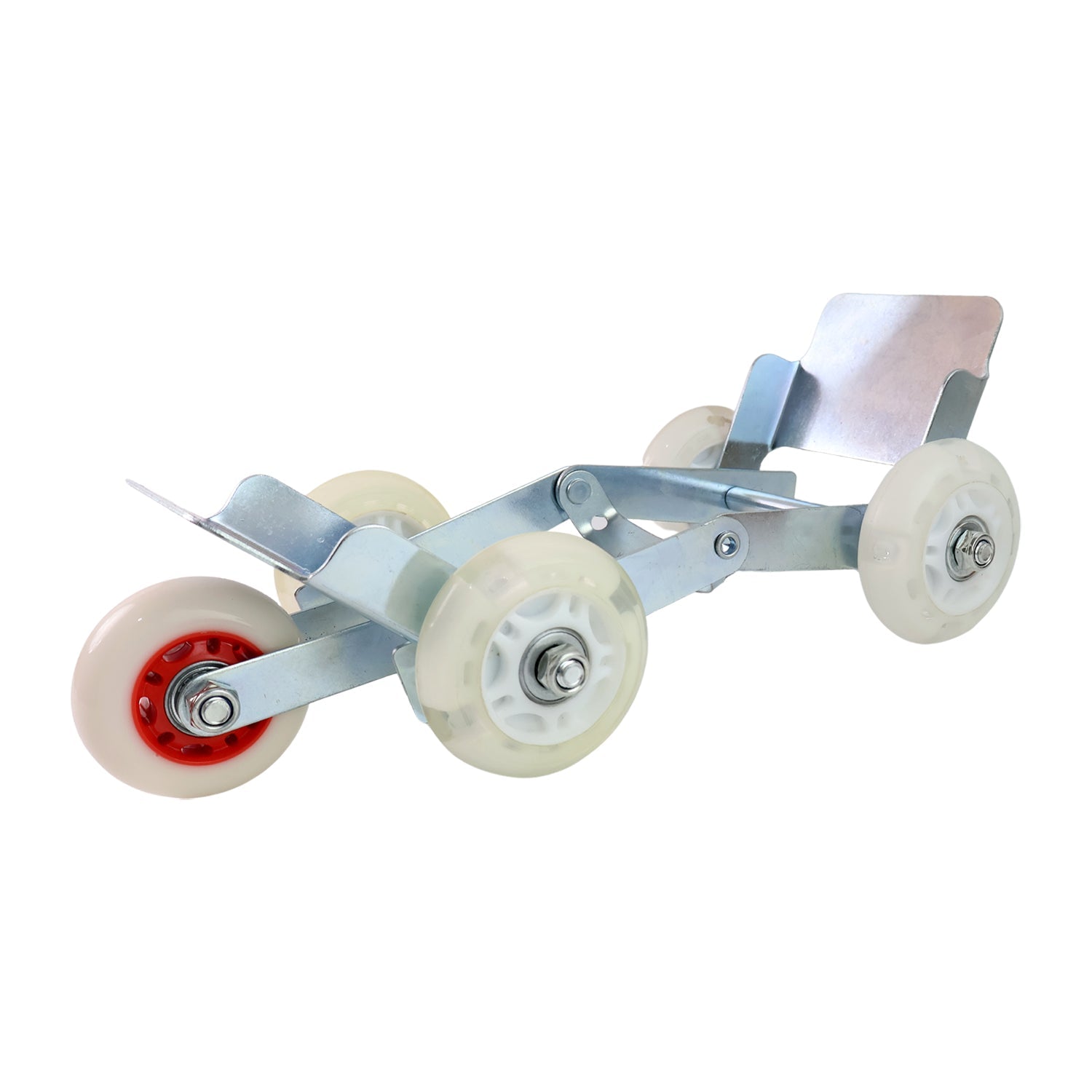 Close-up of motorcycle front roller stand with 4 nylon wheels for easy repositioning