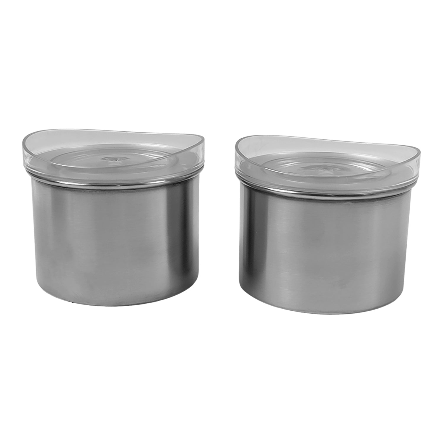 Airtight stainless steel containers keeping dry fruits and snacks fresh on a kitchen counter.