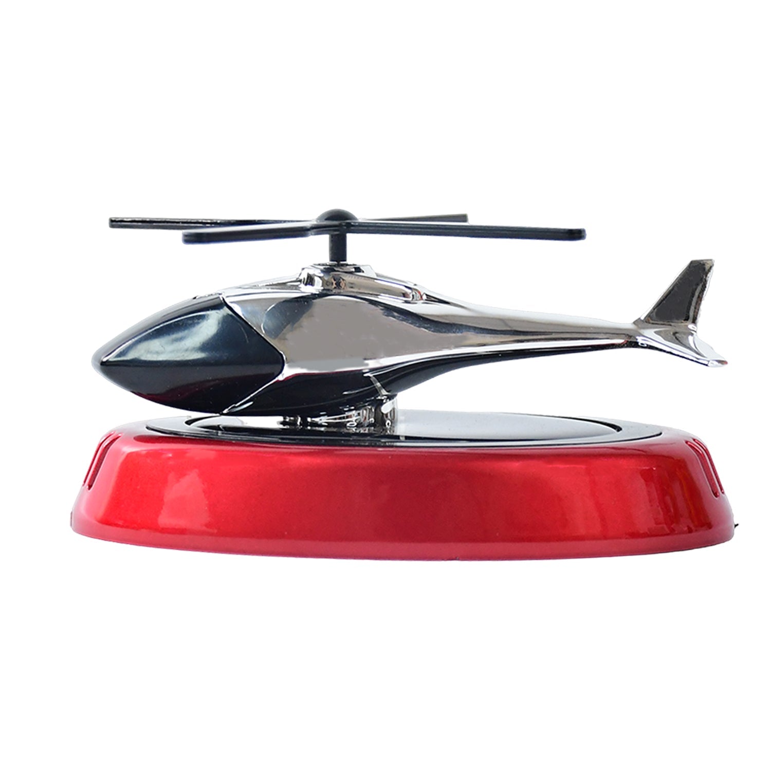 Solar helicopter air freshener positioned inside car interior