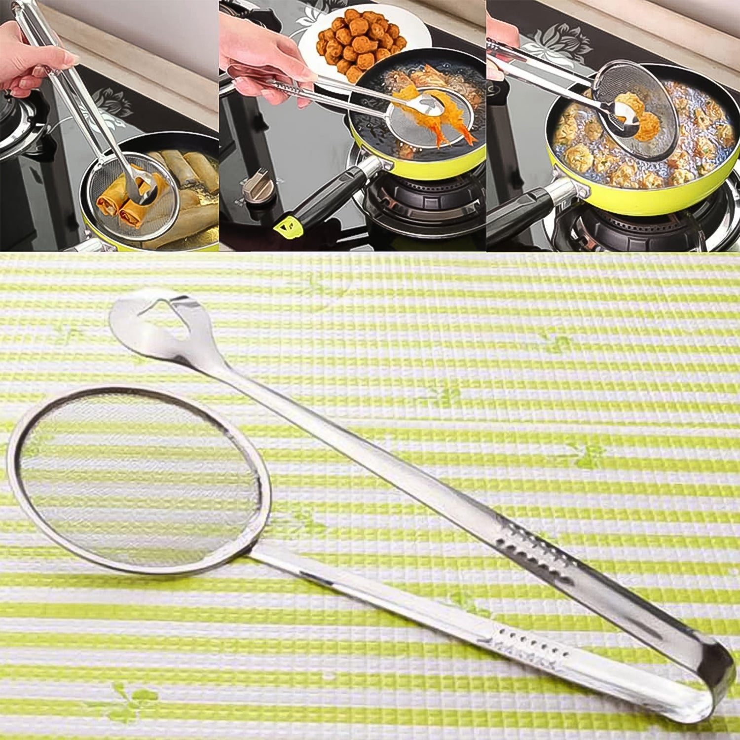 Hand holding the 2-in-1 frying filter spoon to show its size.