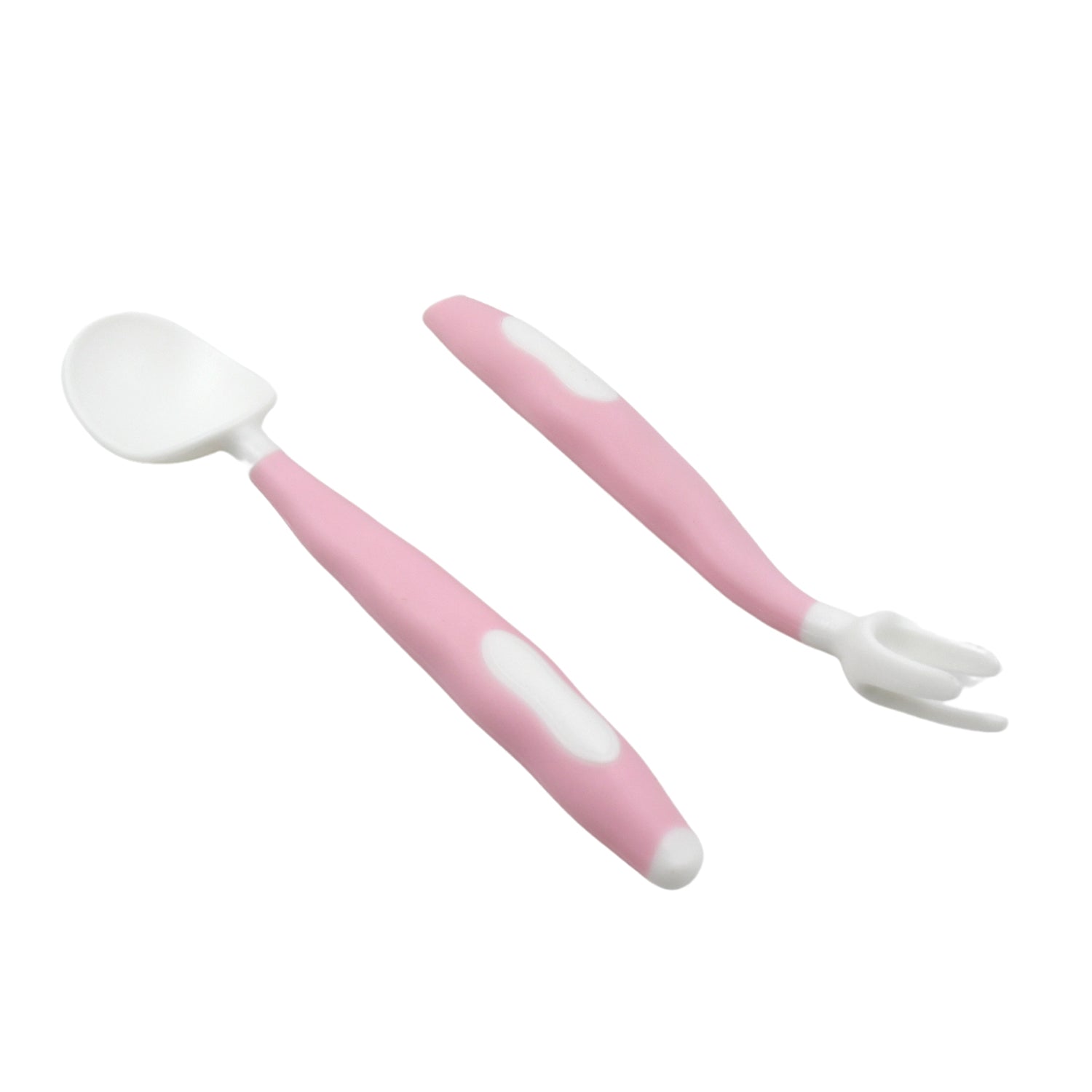 Rounded edges and soft tips of the food-grade silicone baby spoon and fork.