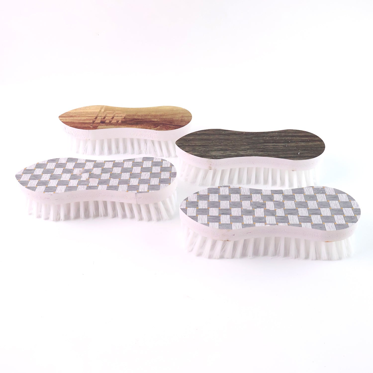Ergonomic scrub brush set with durable plastic body and stylish printed tops