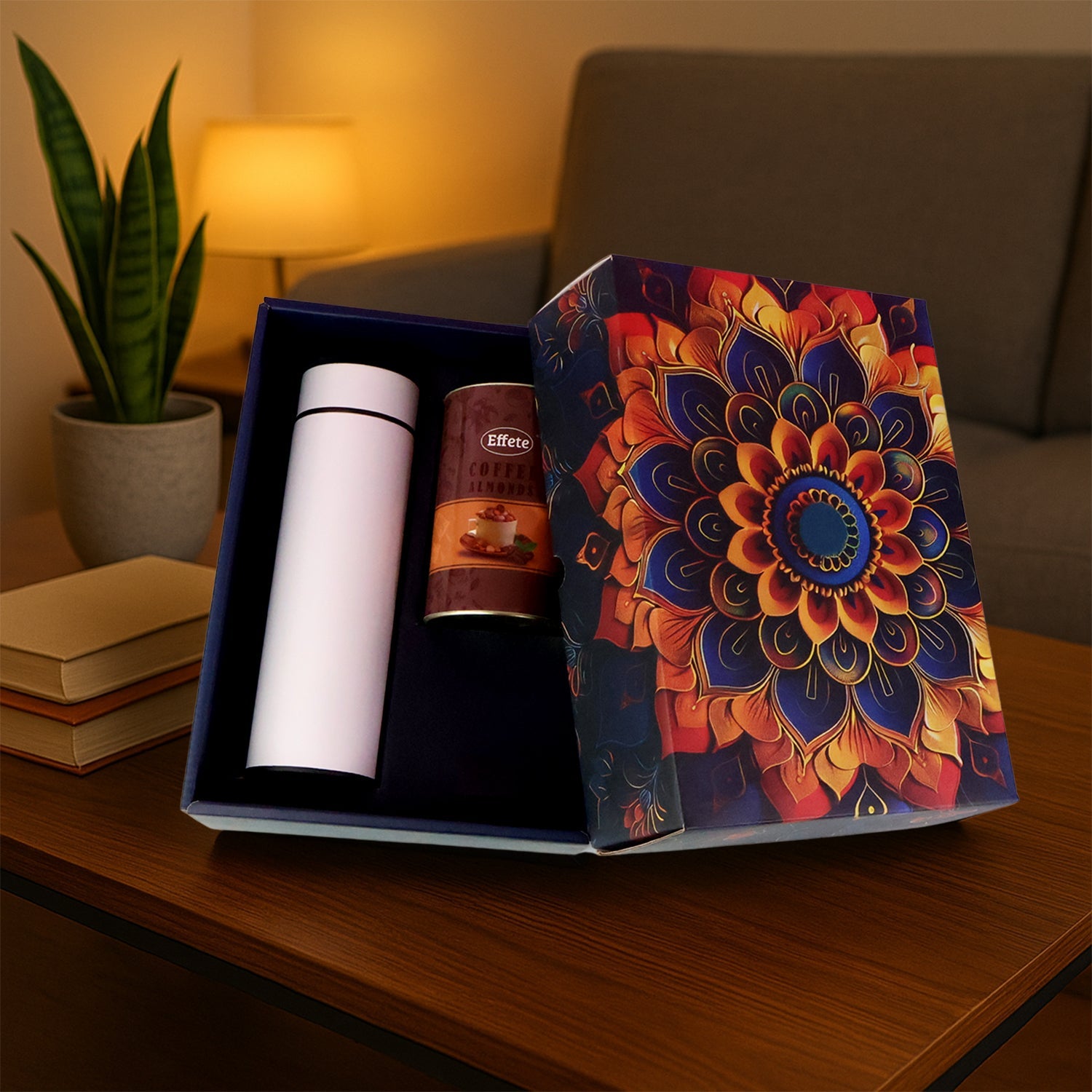 Luxury designer golden gift box containing coffee almonds and bottle