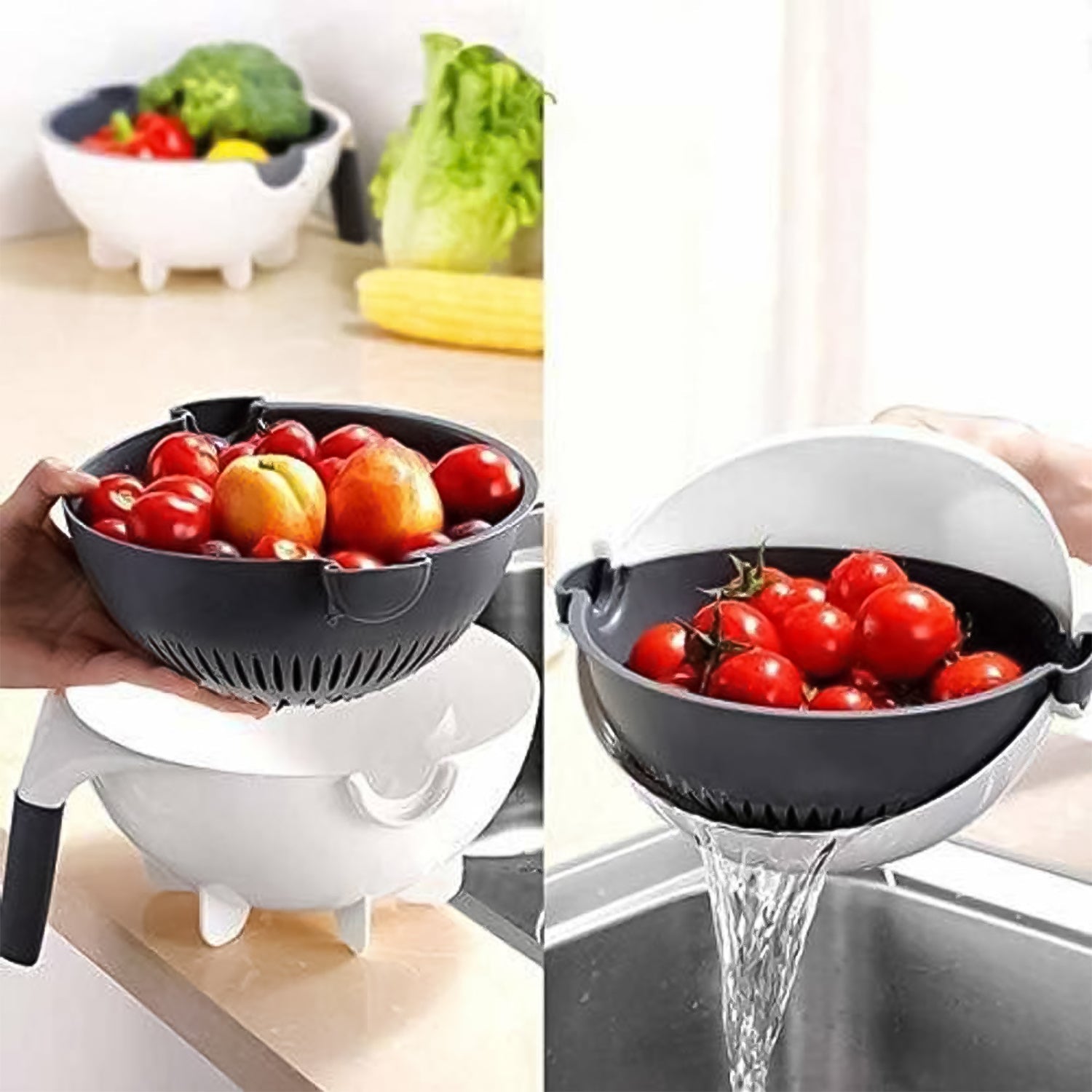 User operating vegetable chopper 9-in-1 using the rotating handle for safe slicing