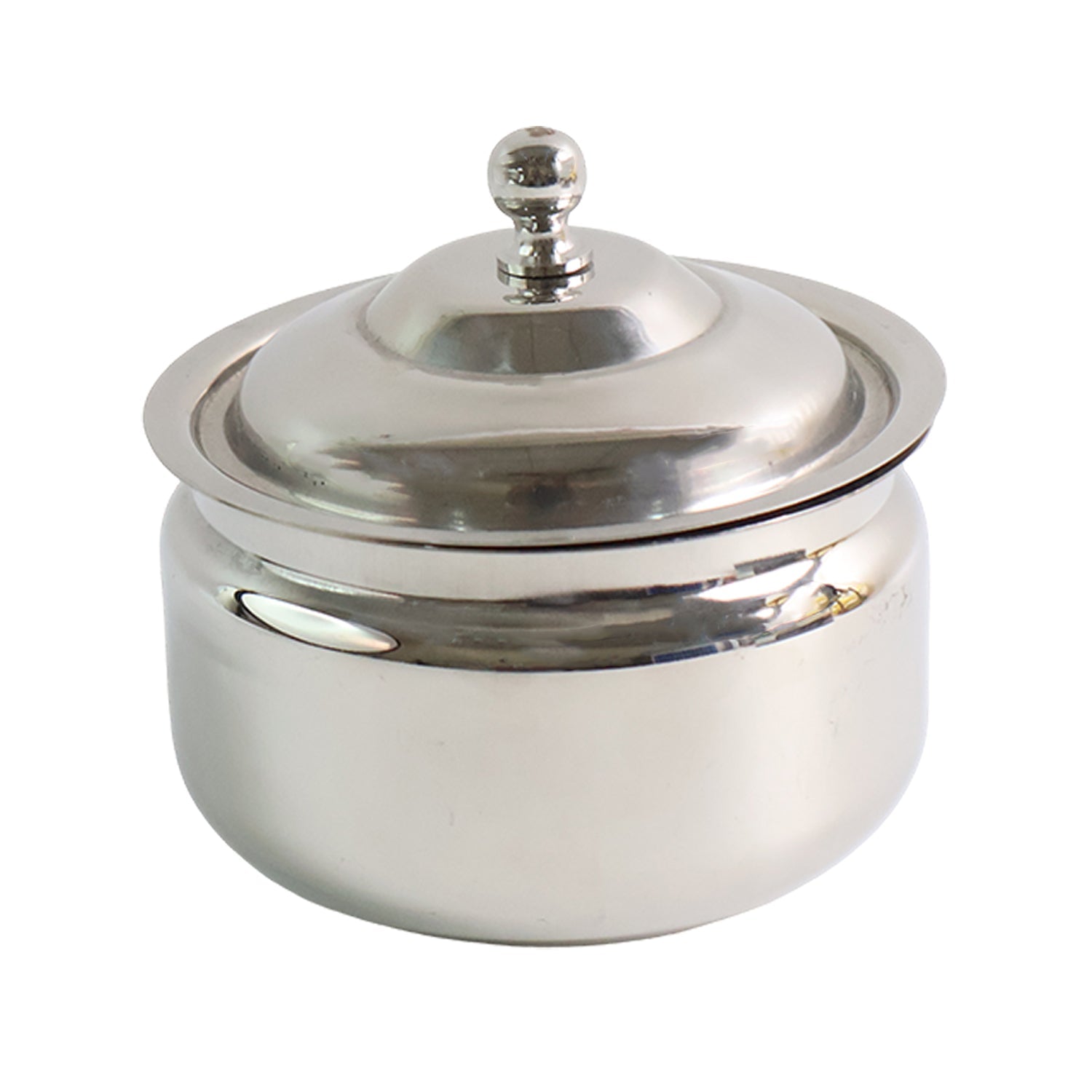 Close-up of the Ghee Pot's durable stainless steel material and shiny finish.