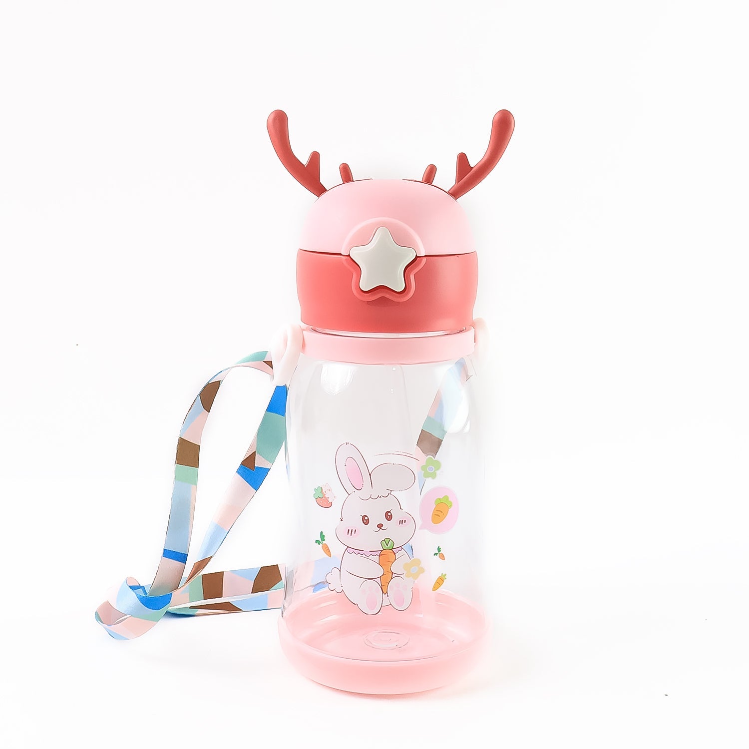 Kids cartoon themed straw sipper water bottle with detachable strap