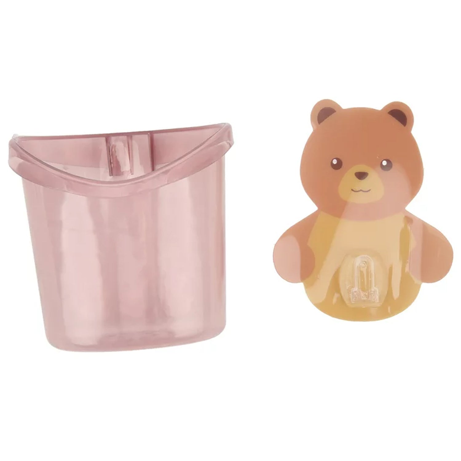 Close-up of the teddy bear wall mount toothbrush holder in a clean bathroom.