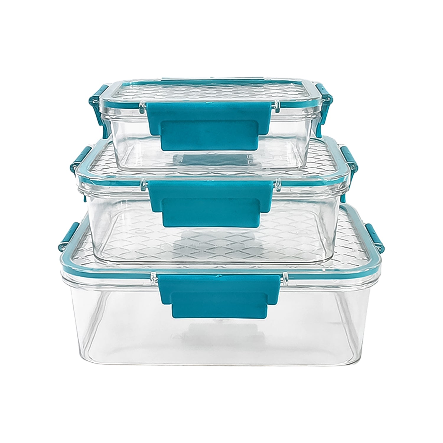 Three various sized multipurpose plastic food storage containers with lids
