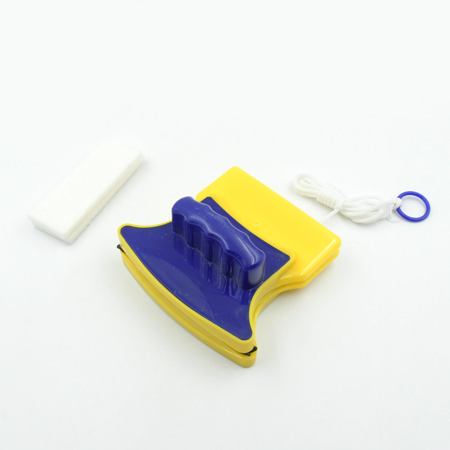 The innovative double-sided window cleaning tool, showcasing its compact and triangular design.