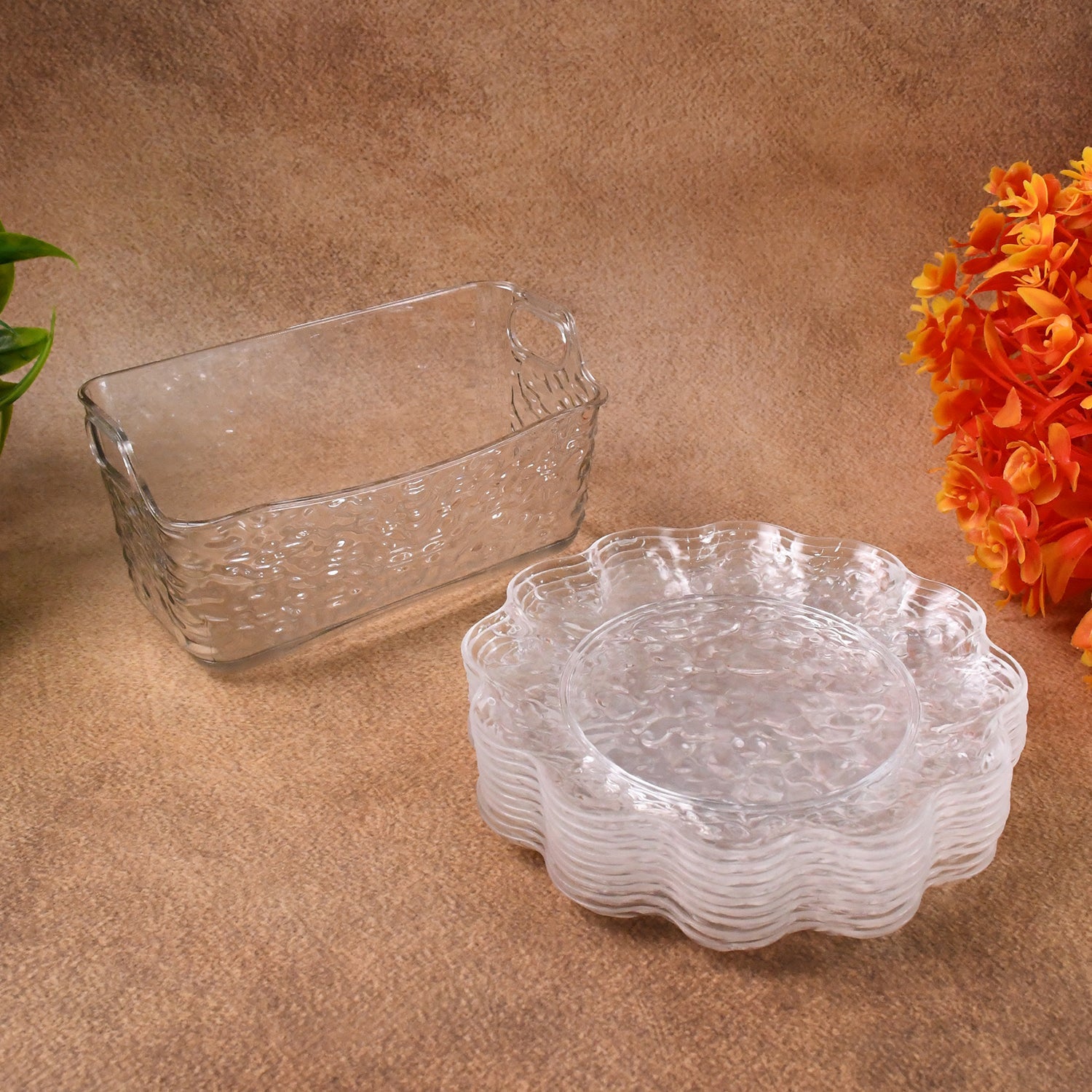Plastic dinner plates set with flower design and vibrant colors