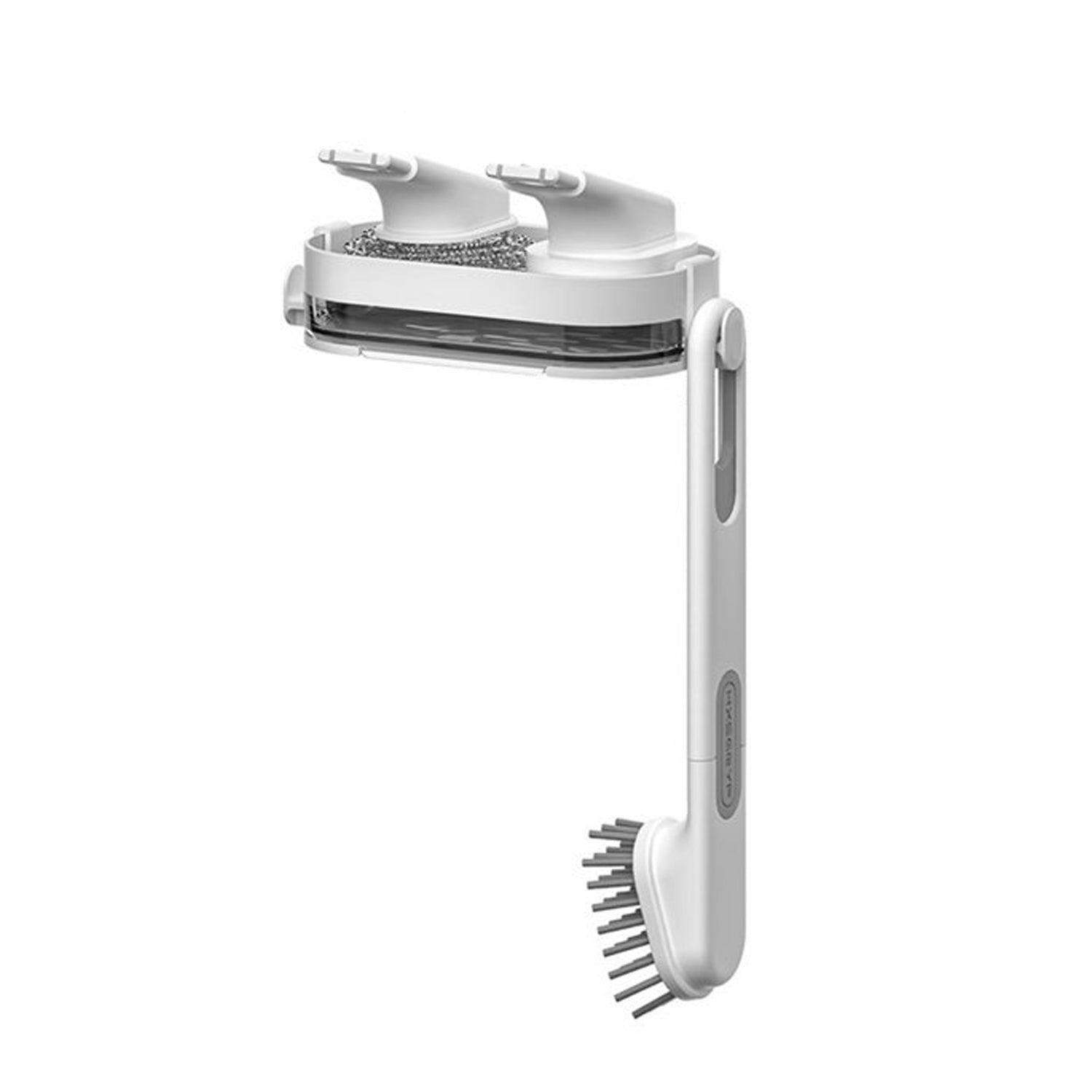 Wall mounted hanging storage tray with cleaning scrubber space