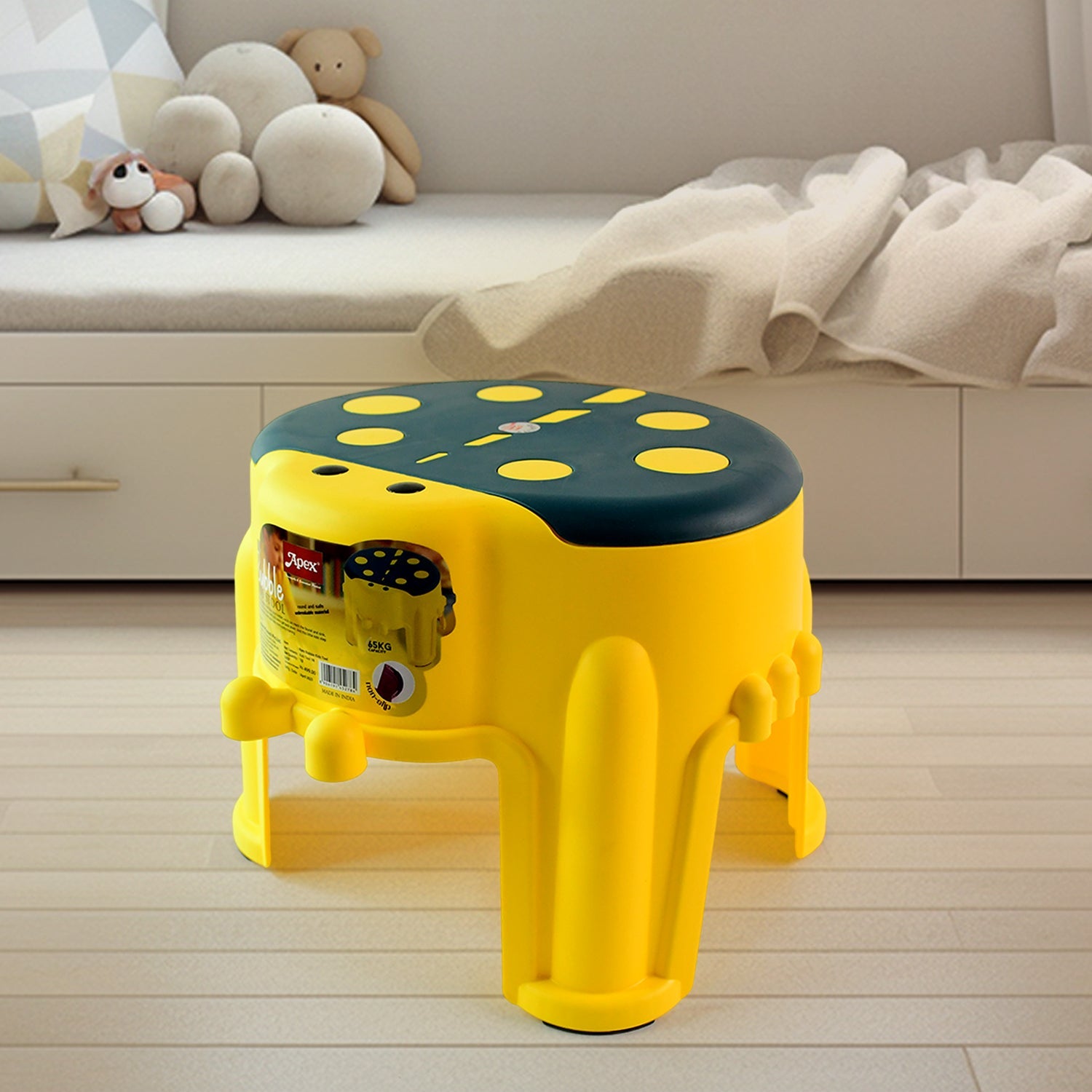 Side view of colorful kids step stool with rounded corners for safety