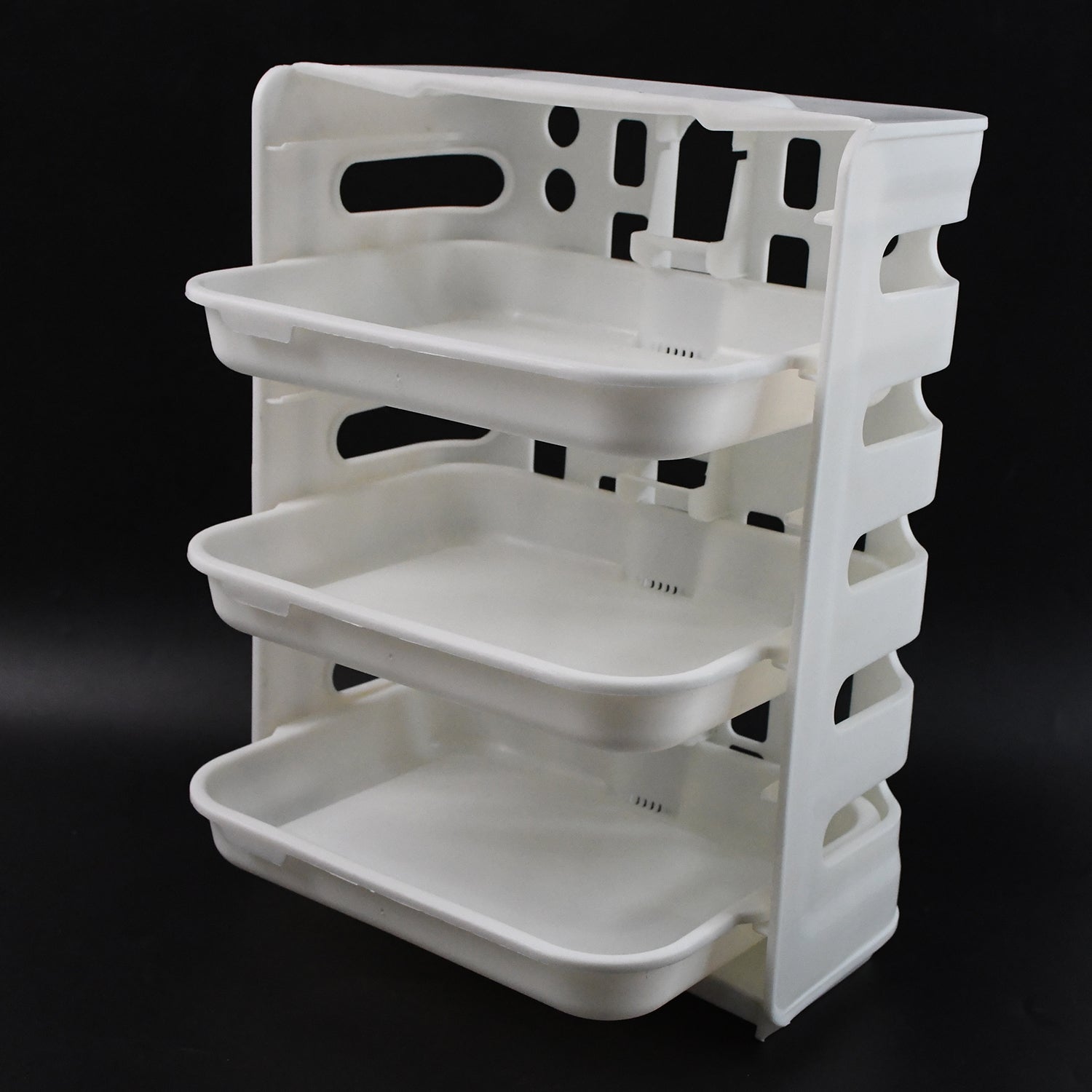 Neat kitchen food organizer rack mounted on the wall with three layers