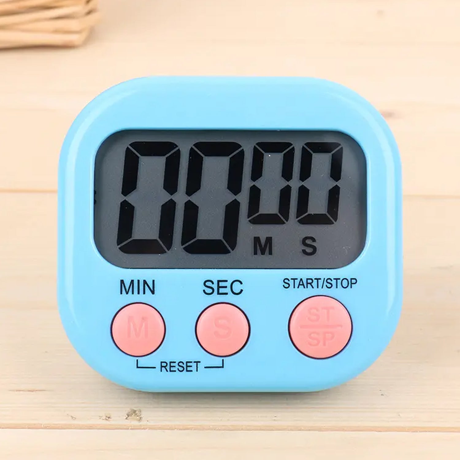 Portable digital timer with a stand, ideal for kitchen countertops.
