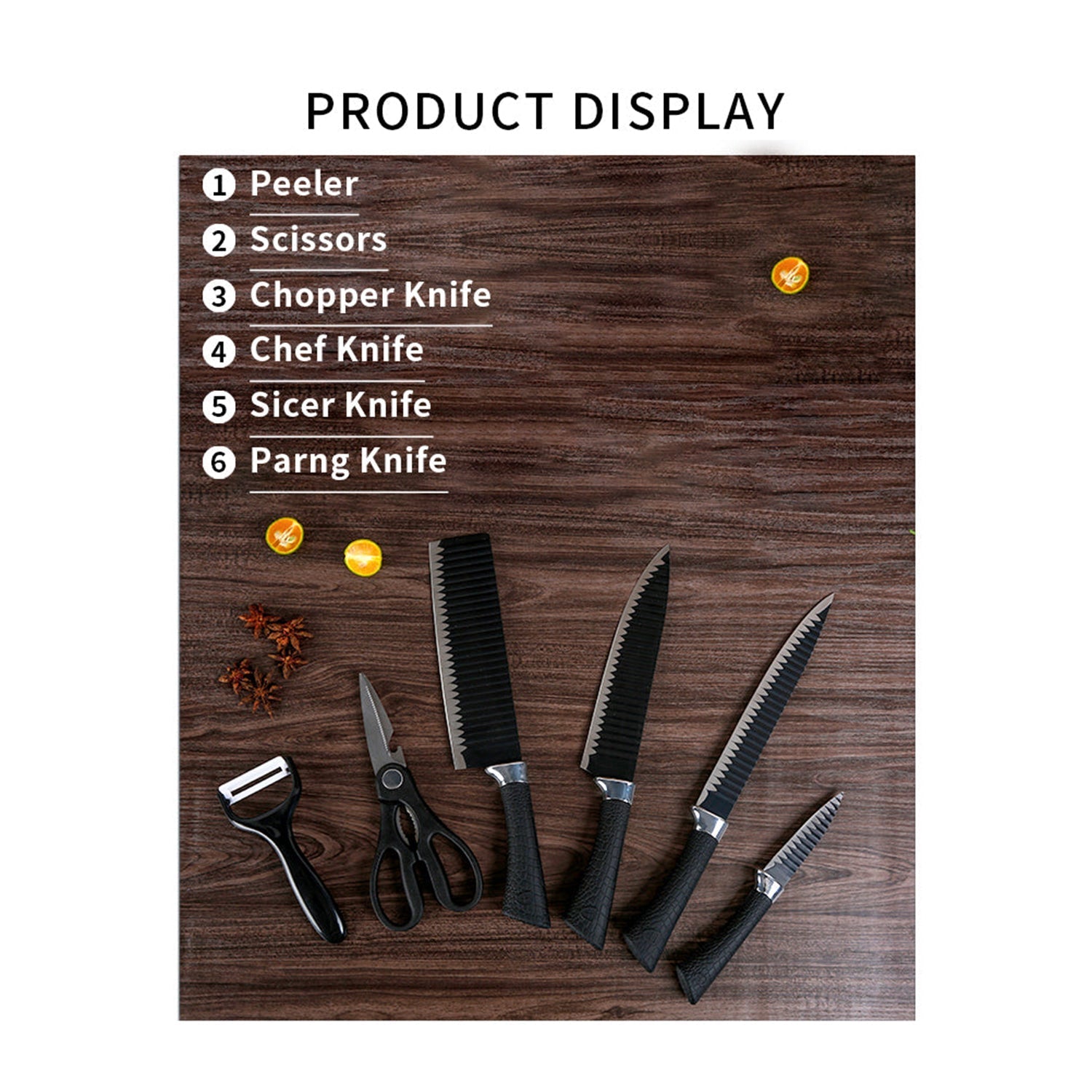 Versatile stainless steel knife set with peeler and scissors for all kitchen tasks.