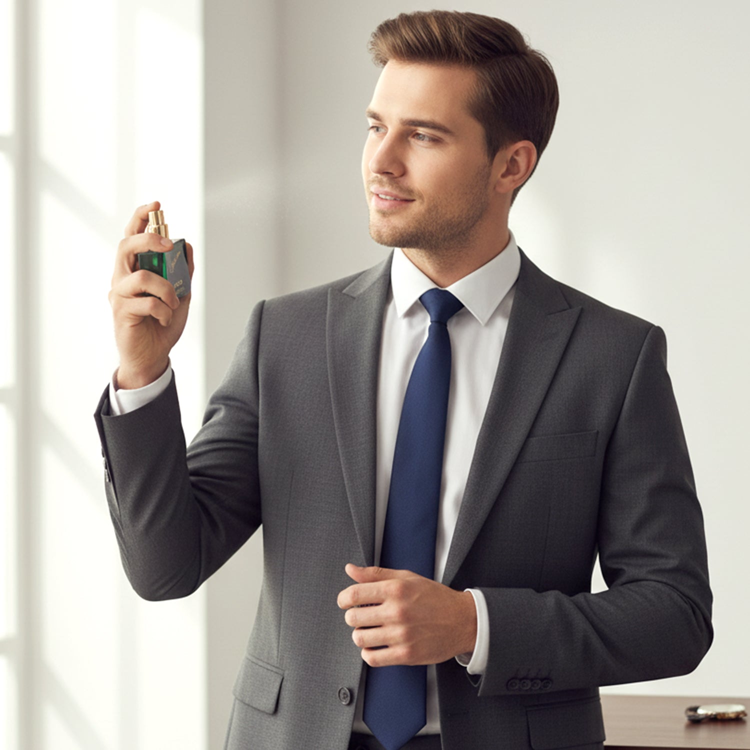 Luxury green fragrance perfume bottle view with sleek design