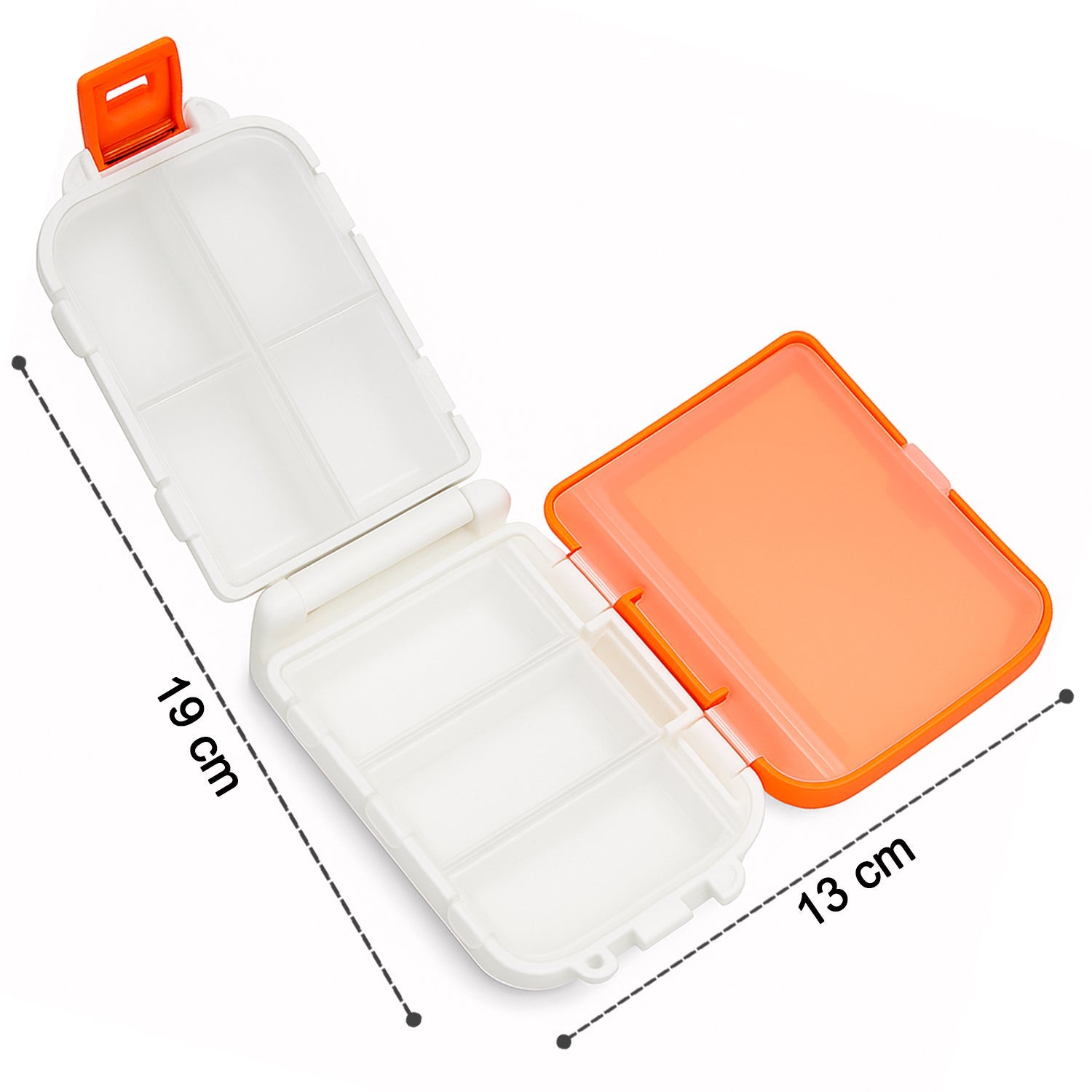 Orange portable pill organizer box open, showing 8 compartments clearly