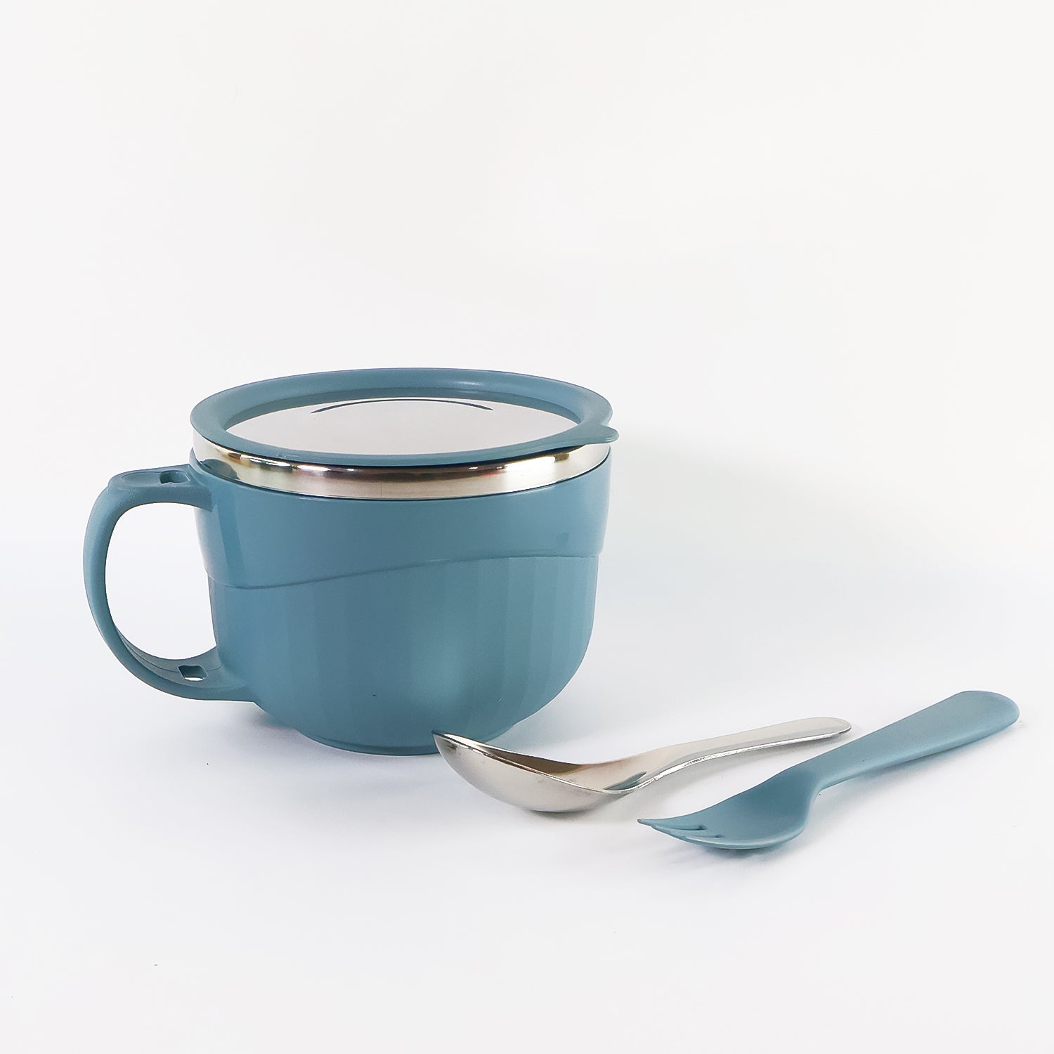 Insulated soup and noodle bowl with matching spoon and fork for travel meals
