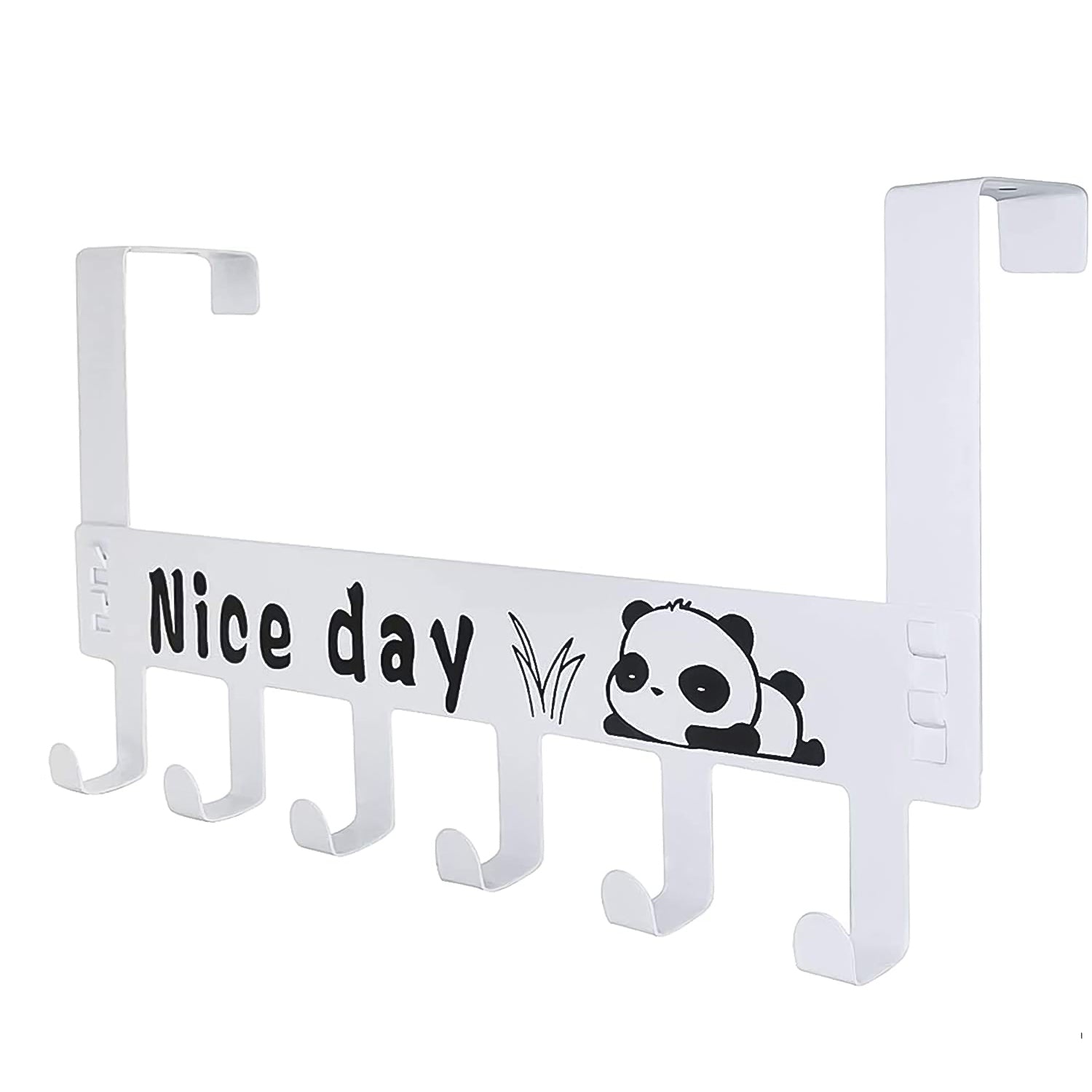 Door hook rack with six white hooks and a cute panda pattern for organized hanging