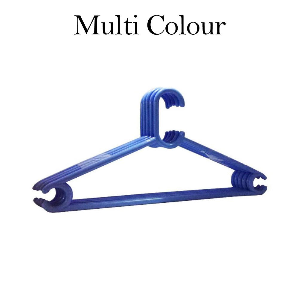 Stack of six space-saving plastic clothes hangers, ready for use.