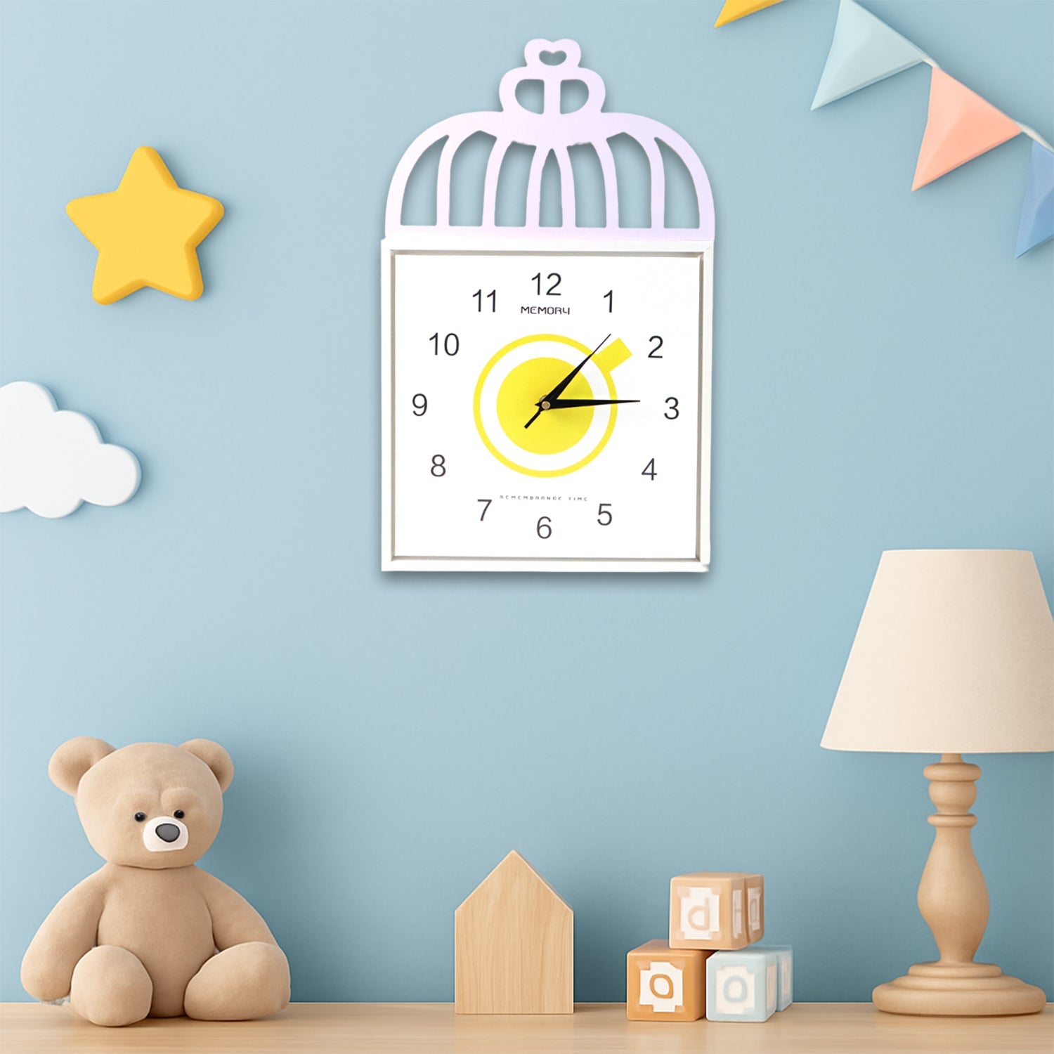 Square wall clock featuring pastel colors and bold numerals