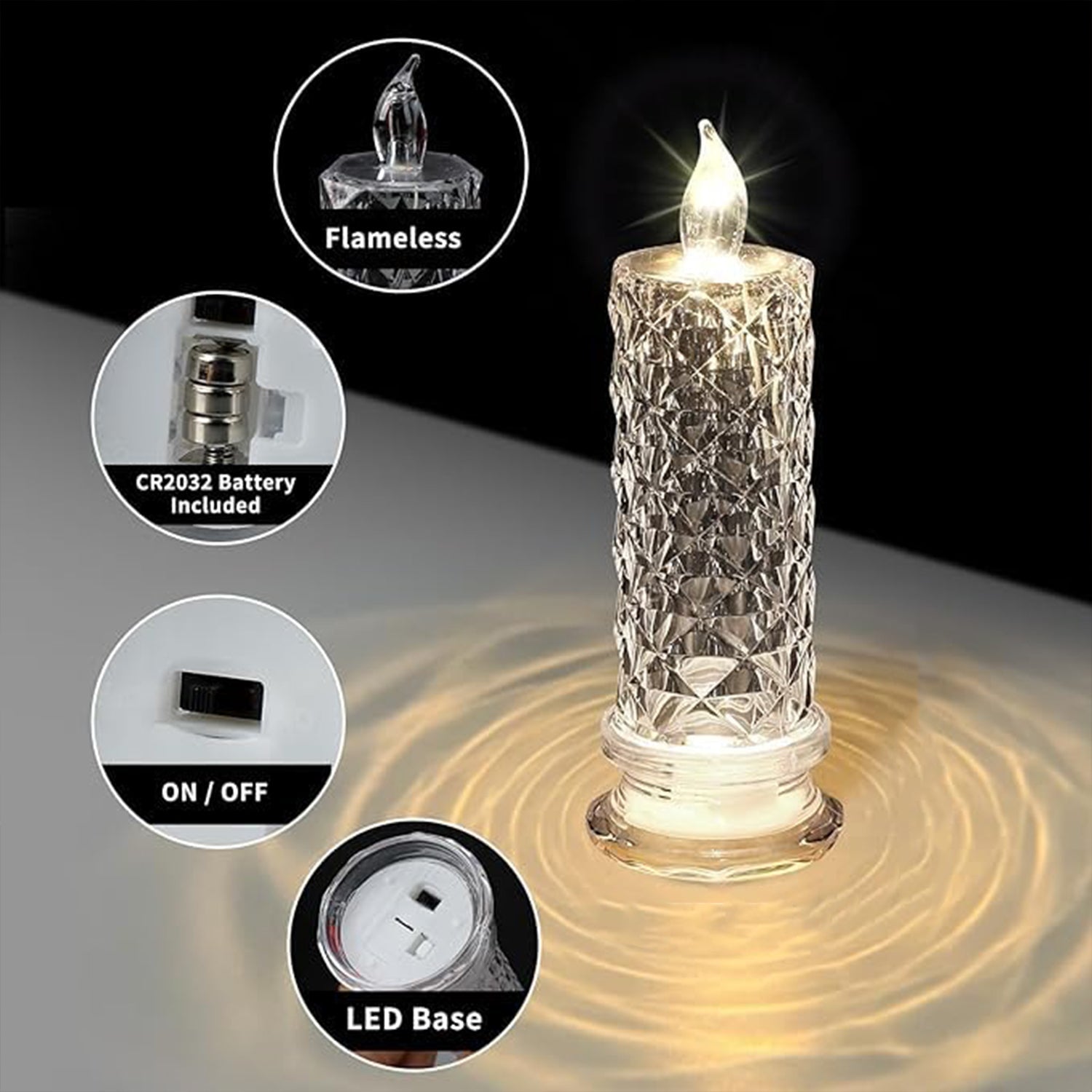Angled view of the battery-operated Crystal LED Candle with internal glitter.
